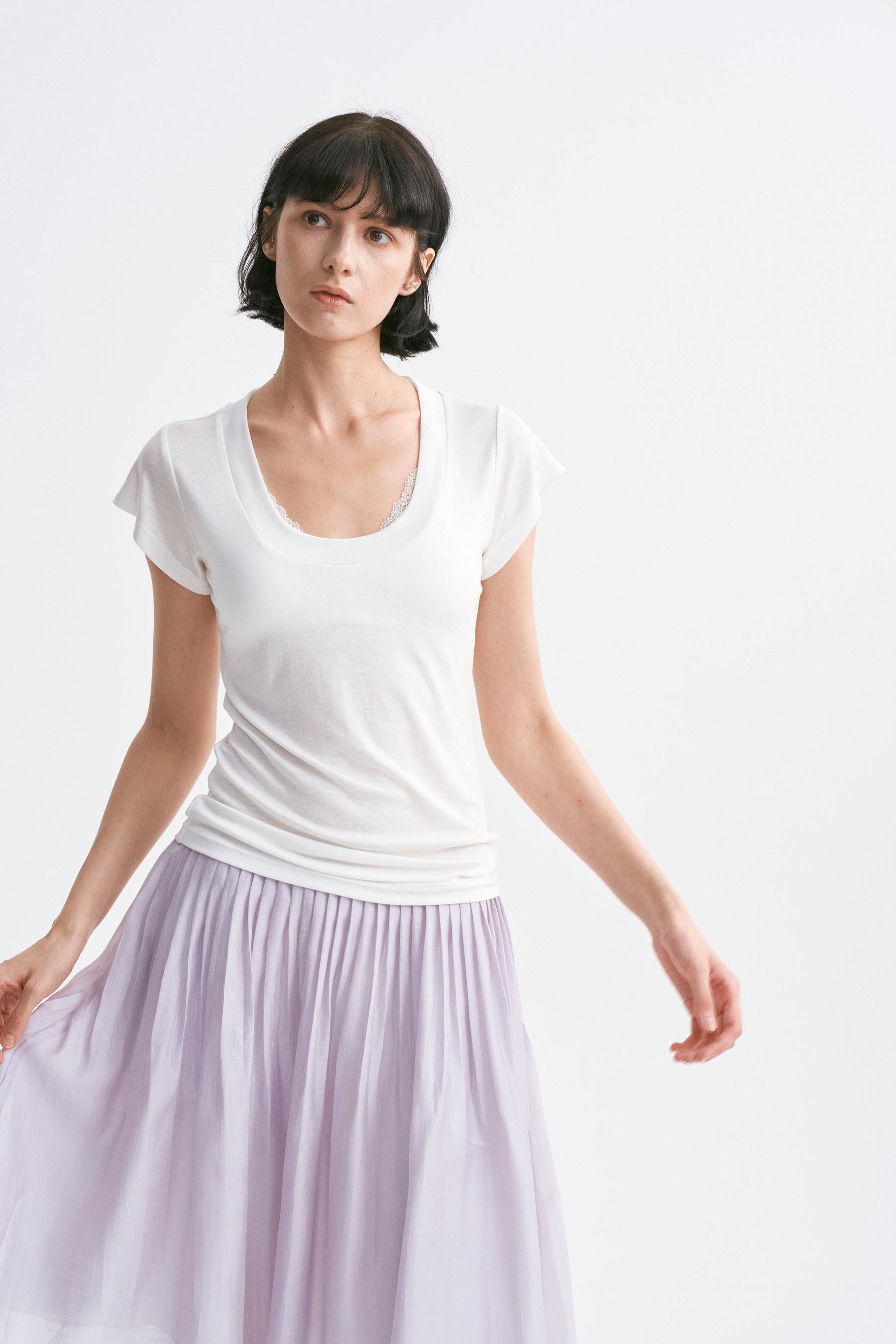 Deep U-Neck Loose Dolman Sleeve T-Shirt White