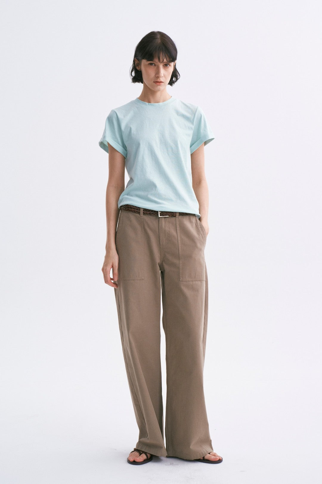 Linen-Cotton Rolled Sleeve T-Shirt, Slightly Loose Fit Light Green
