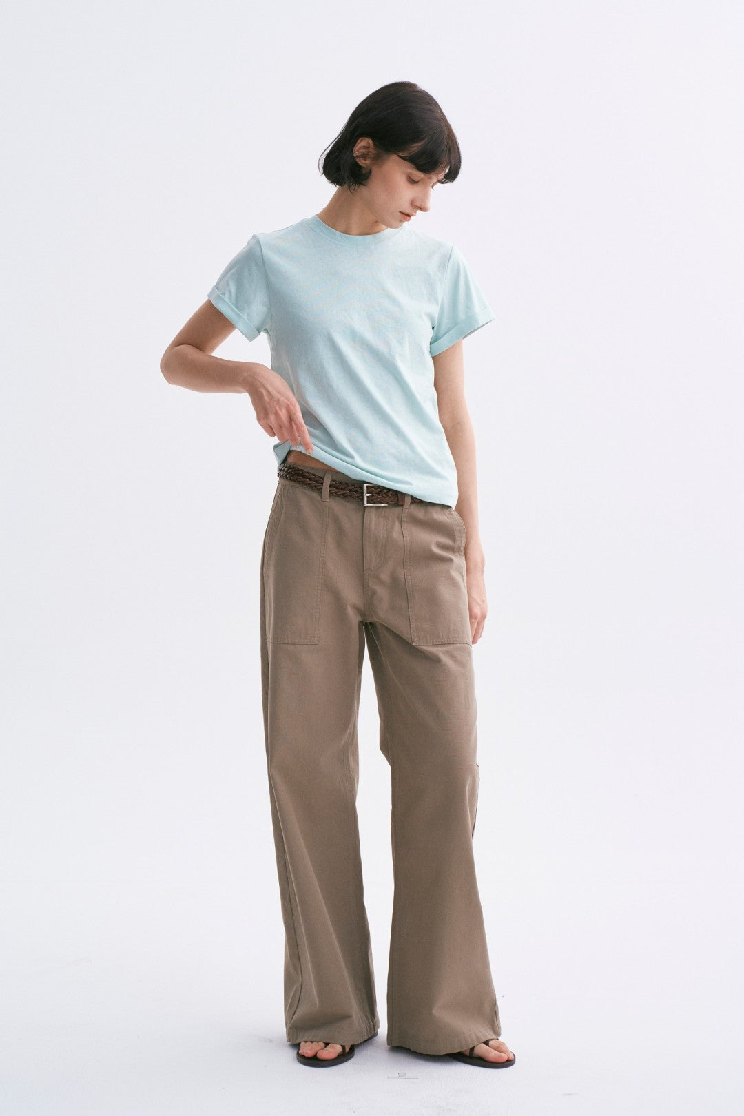 Linen-Cotton Rolled Sleeve T-Shirt, Slightly Loose Fit Light Green