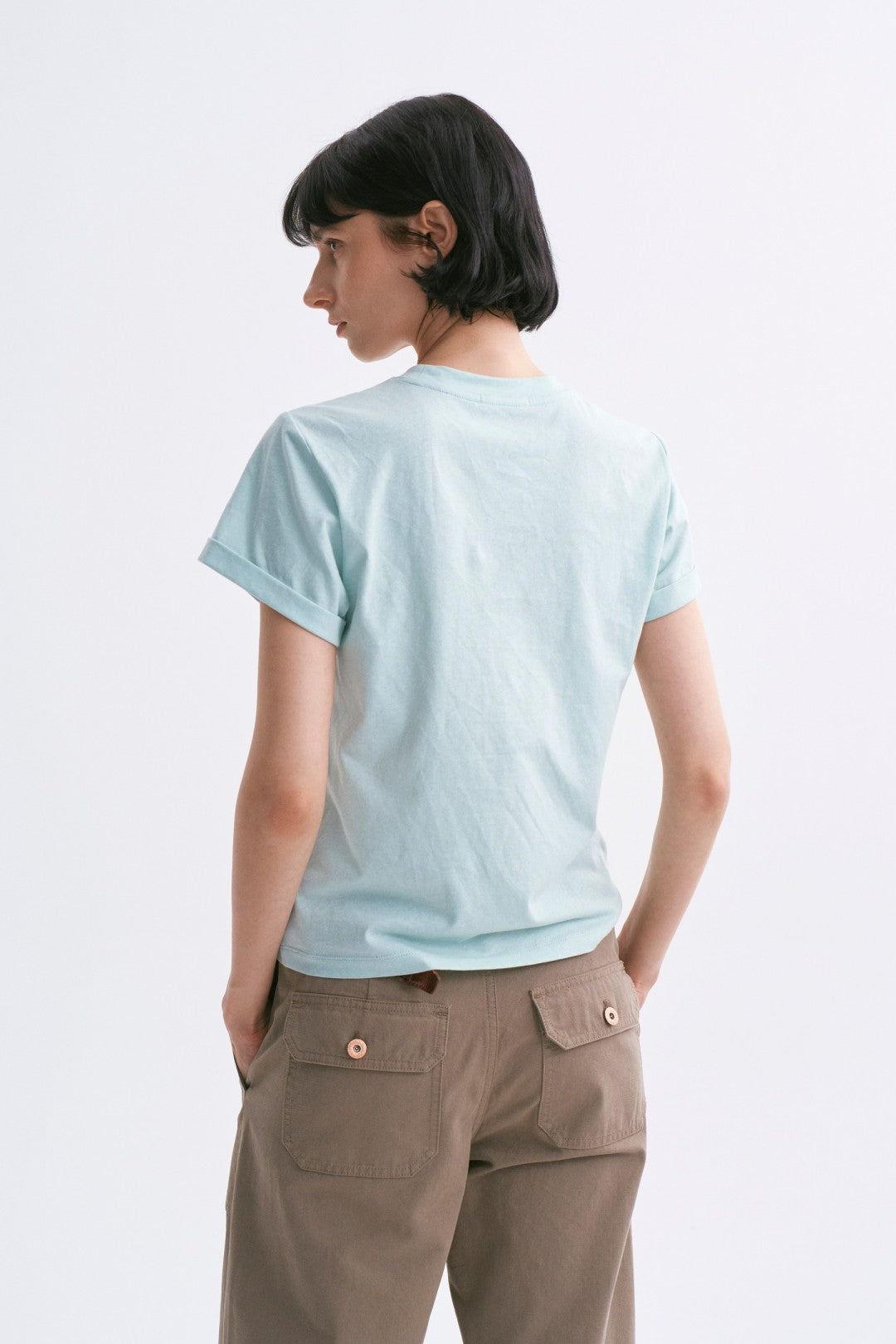 Linen-Cotton Rolled Sleeve T-Shirt, Slightly Loose Fit Light Green