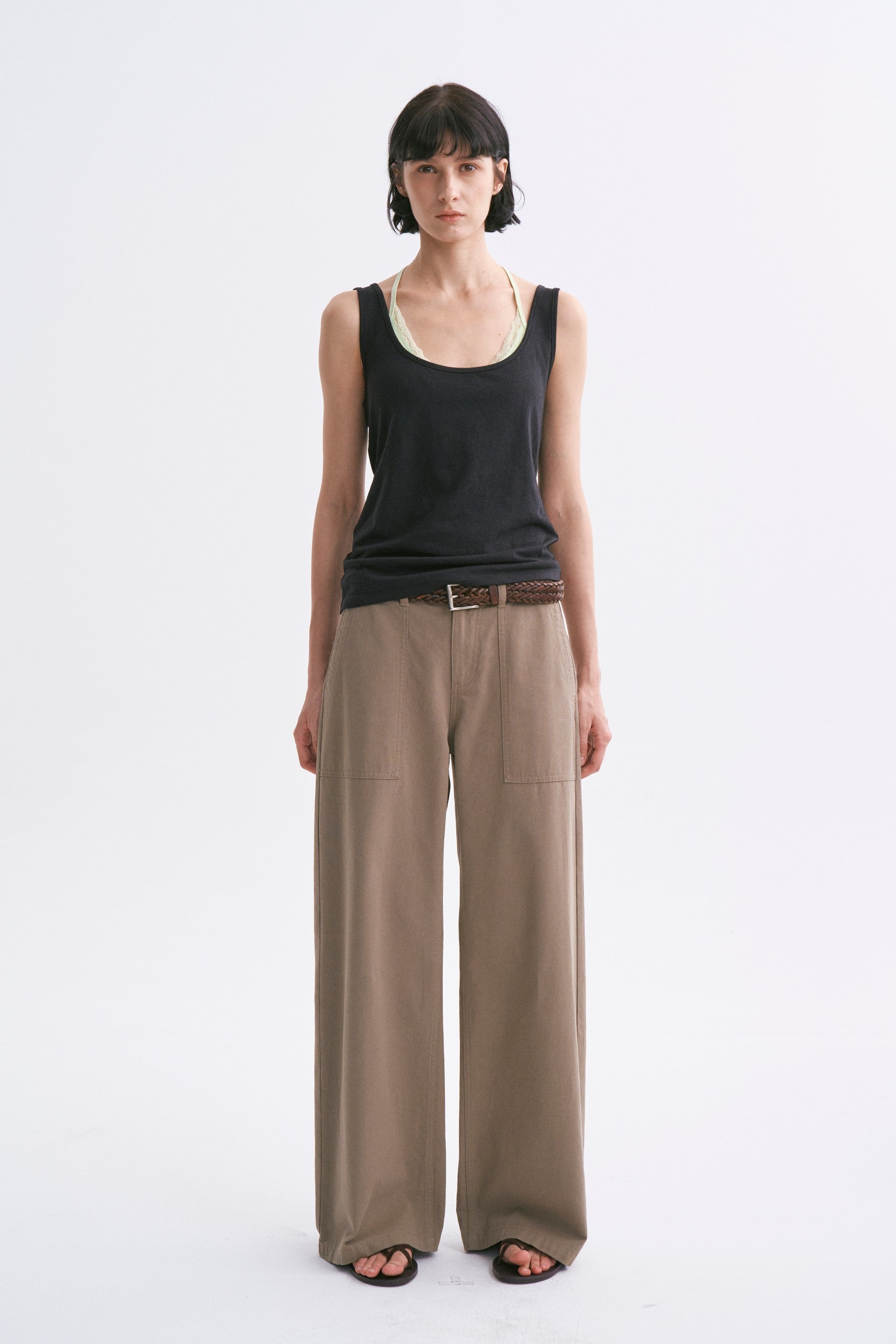Mid-rise Washed Patch Pocket Casual Pants Khaki