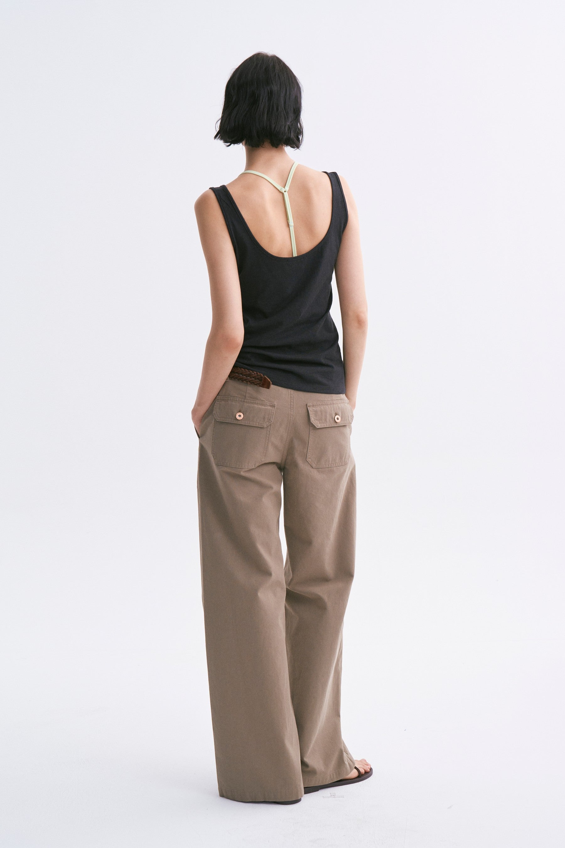 Mid-rise Washed Patch Pocket Casual Pants Khaki