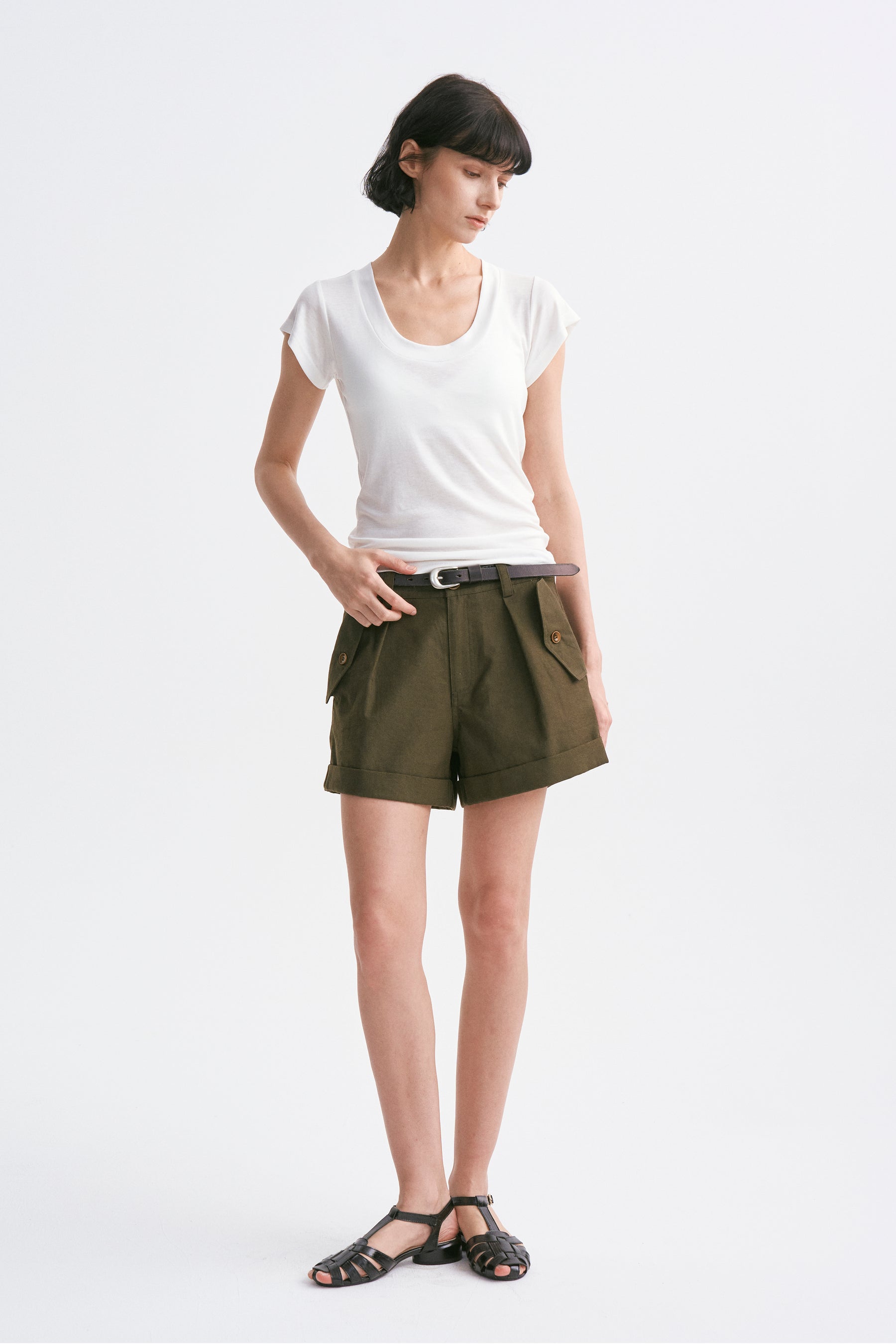 Deep U-Neck Loose Dolman Sleeve T-Shirt White