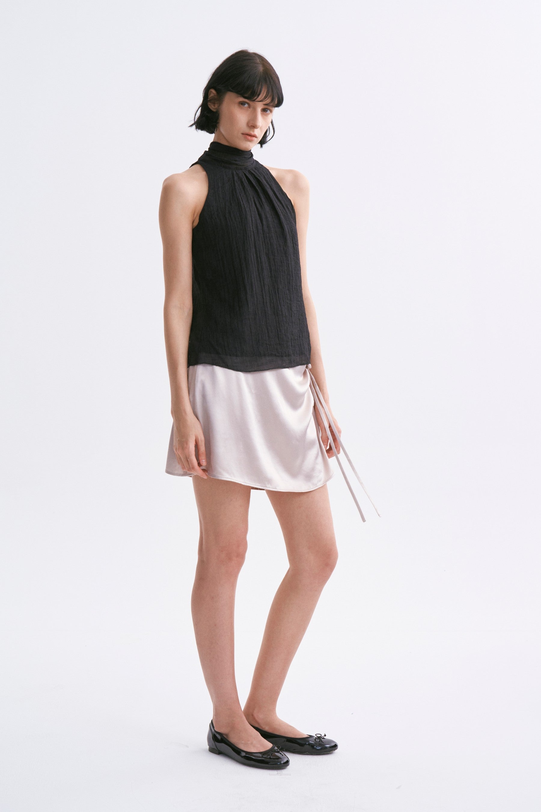 Stand Collar Wrap Tie Sleeveless Top Black
