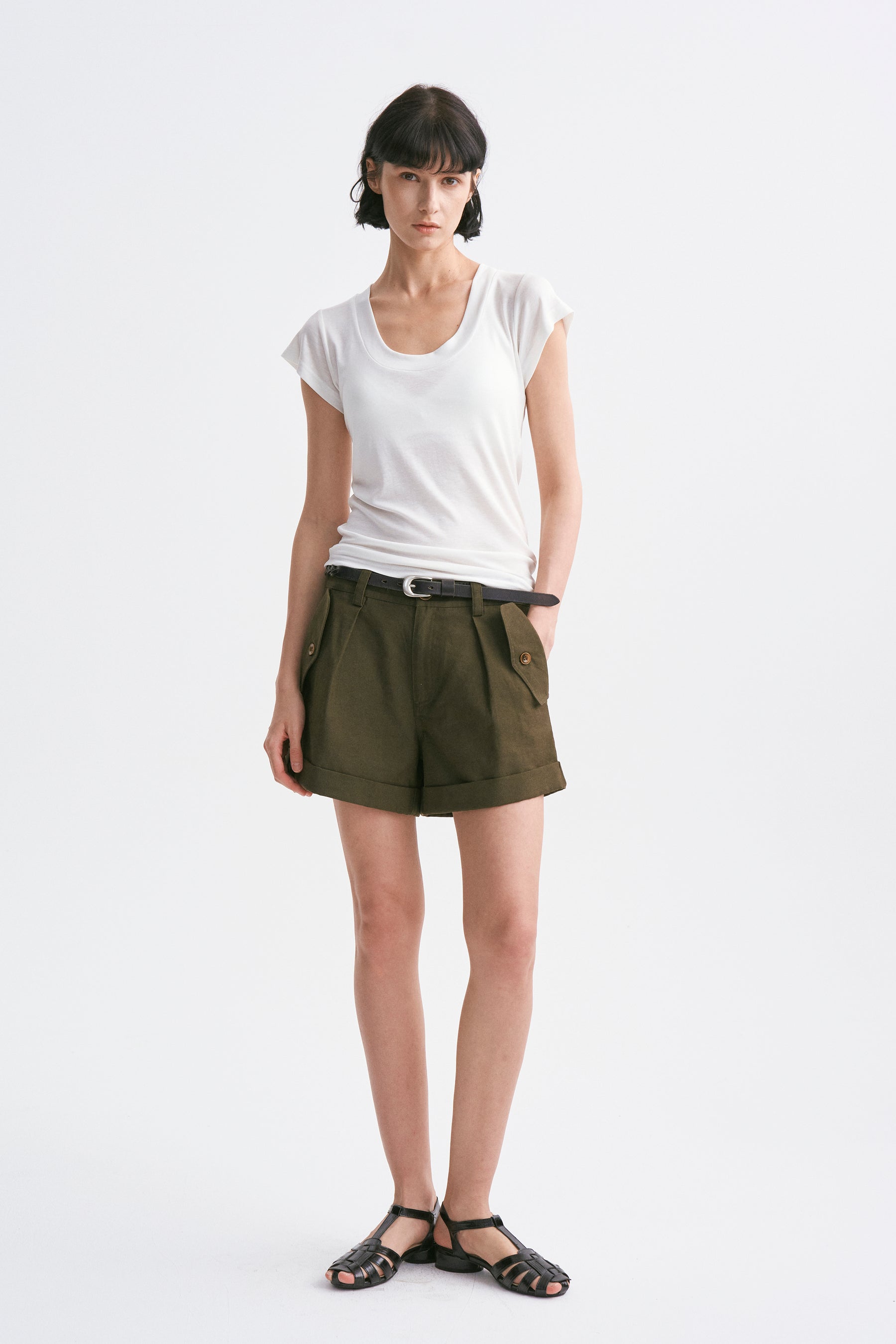 Deep U-Neck Loose Dolman Sleeve T-Shirt White