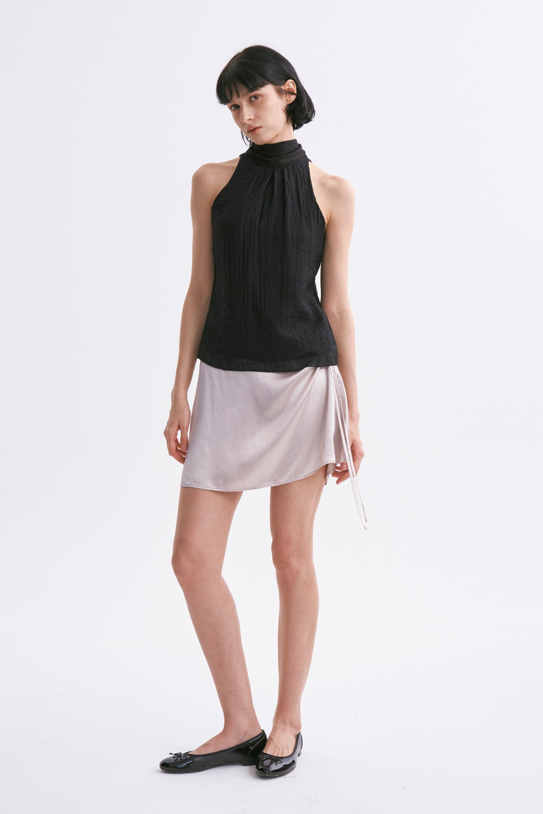 Stand Collar Wrap Tie Sleeveless Top Black