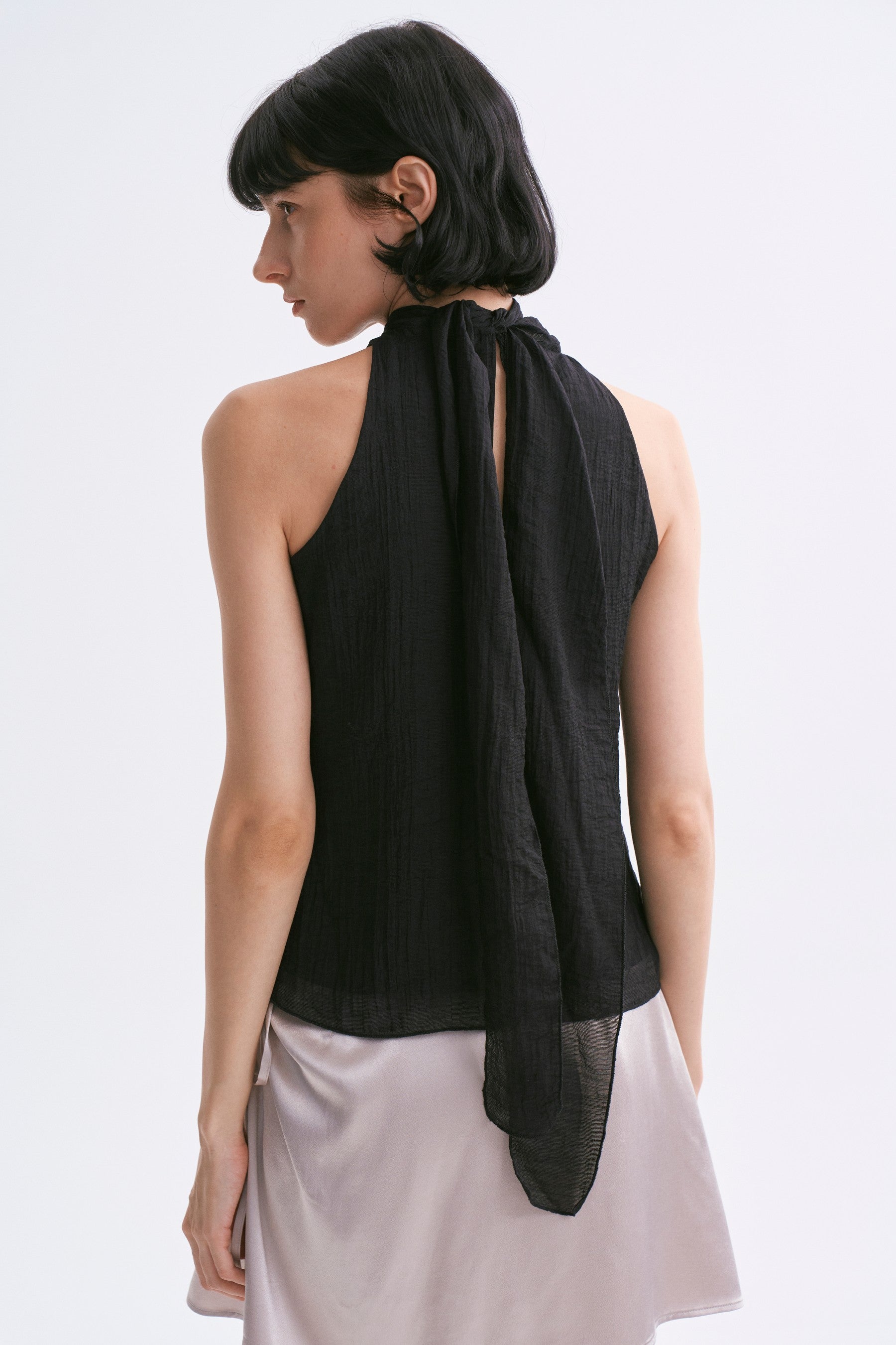 Stand Collar Wrap Tie Sleeveless Top Black