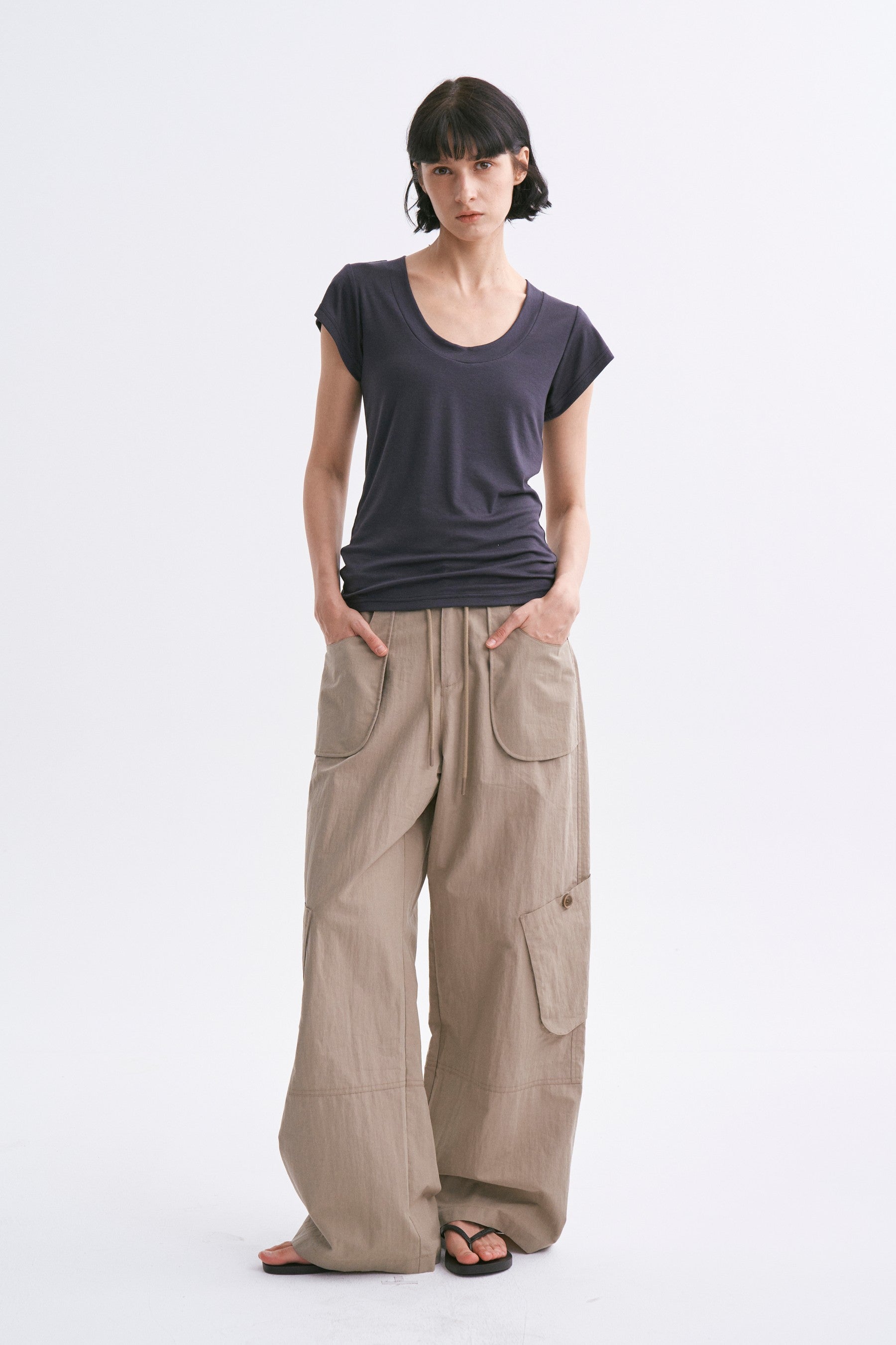 Mid-Rise Drawstring Cargo Pants with Pockets Khaki