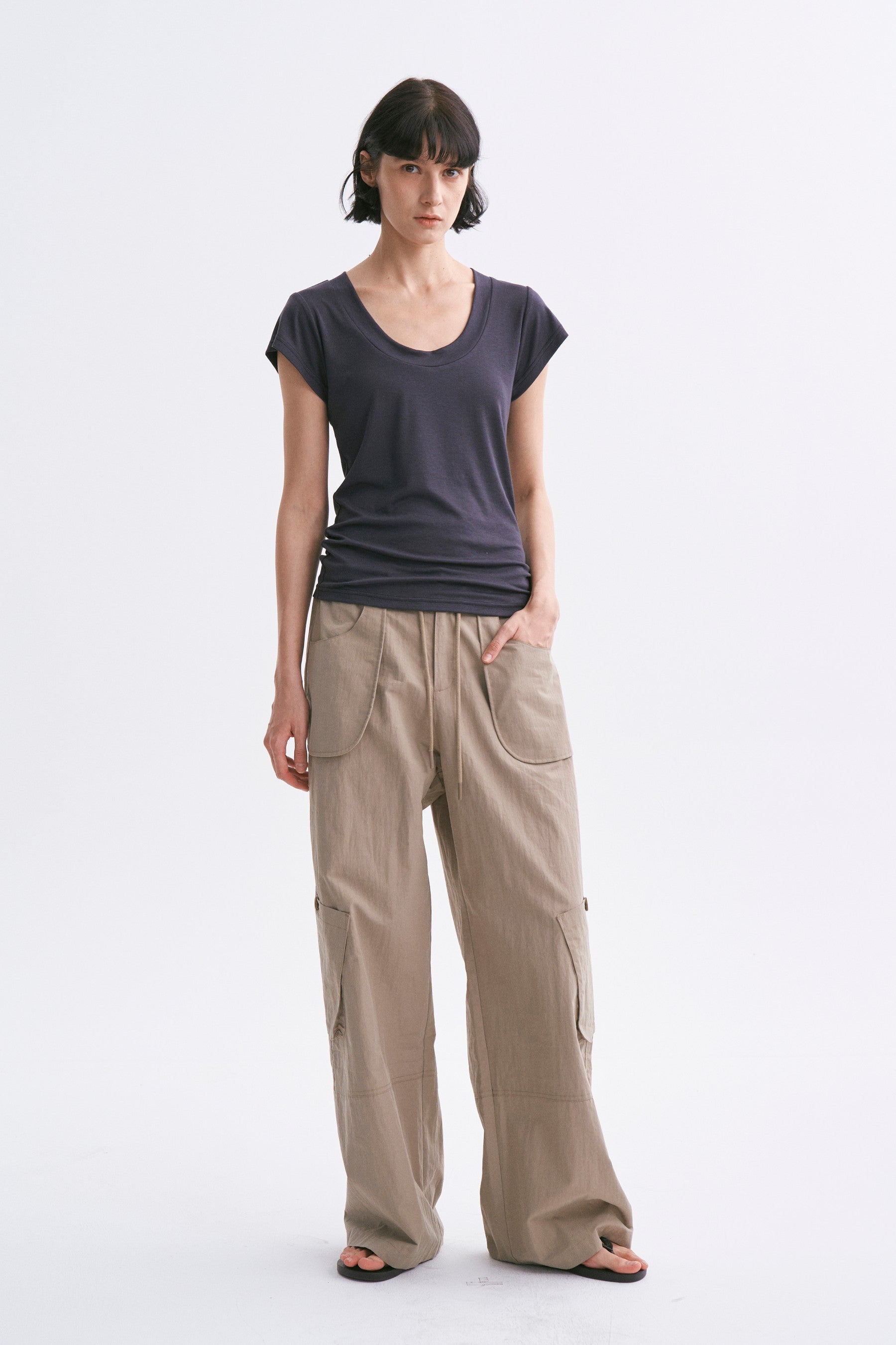 Mid-Rise Drawstring Cargo Pants with Pockets Khaki