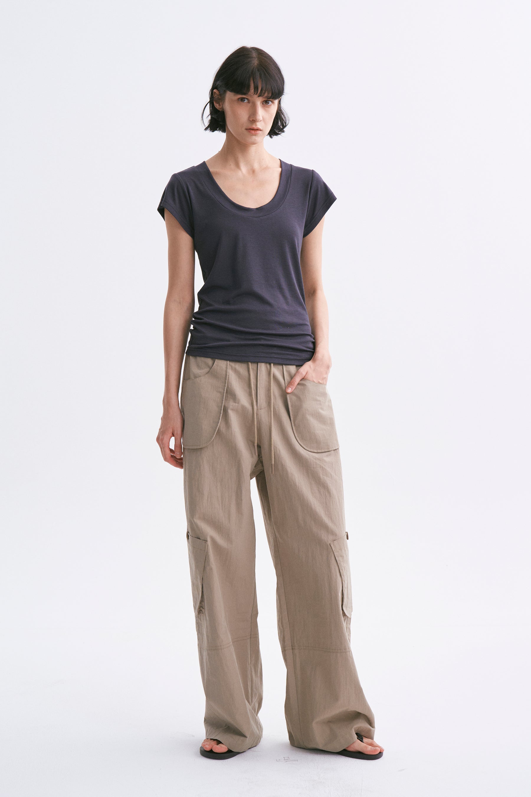 Deep U-Neck Loose Dolman Sleeve T-Shirt Dark Charcoal