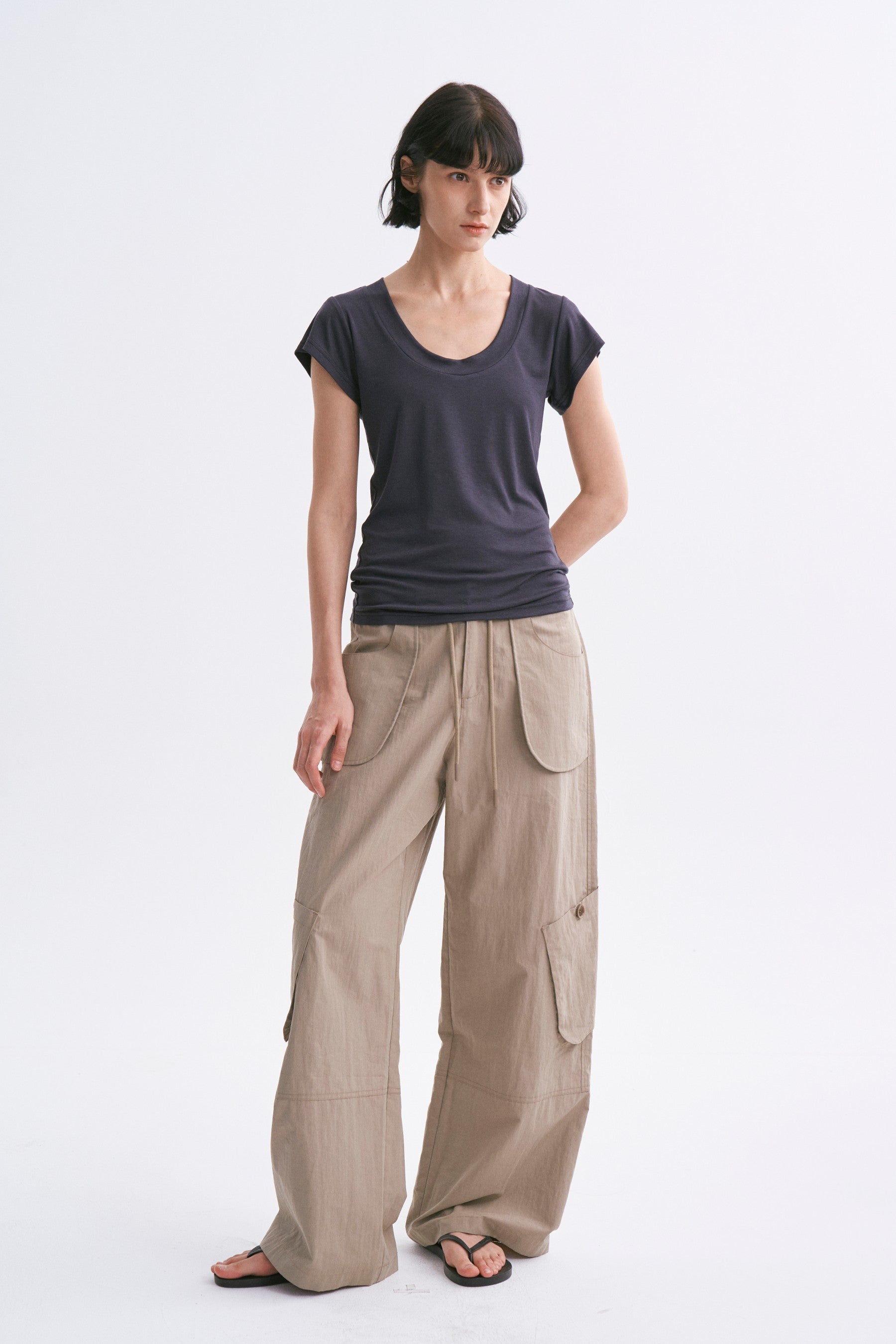 Mid-Rise Drawstring Cargo Pants with Pockets Khaki