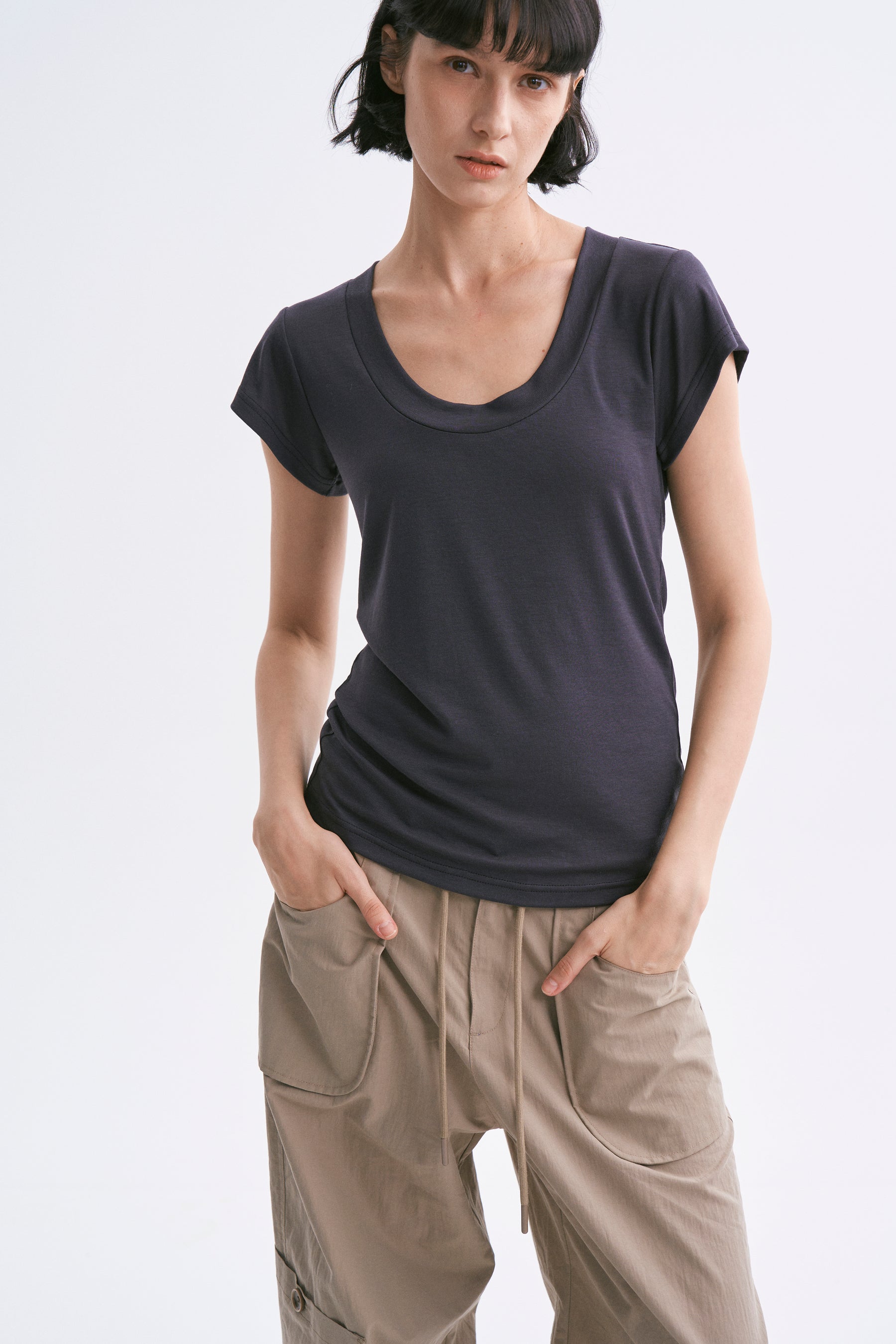 Deep U-Neck Loose Dolman Sleeve T-Shirt Dark Charcoal