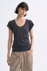 Deep U-Neck Loose Dolman Sleeve T-Shirt Dark Charcoal