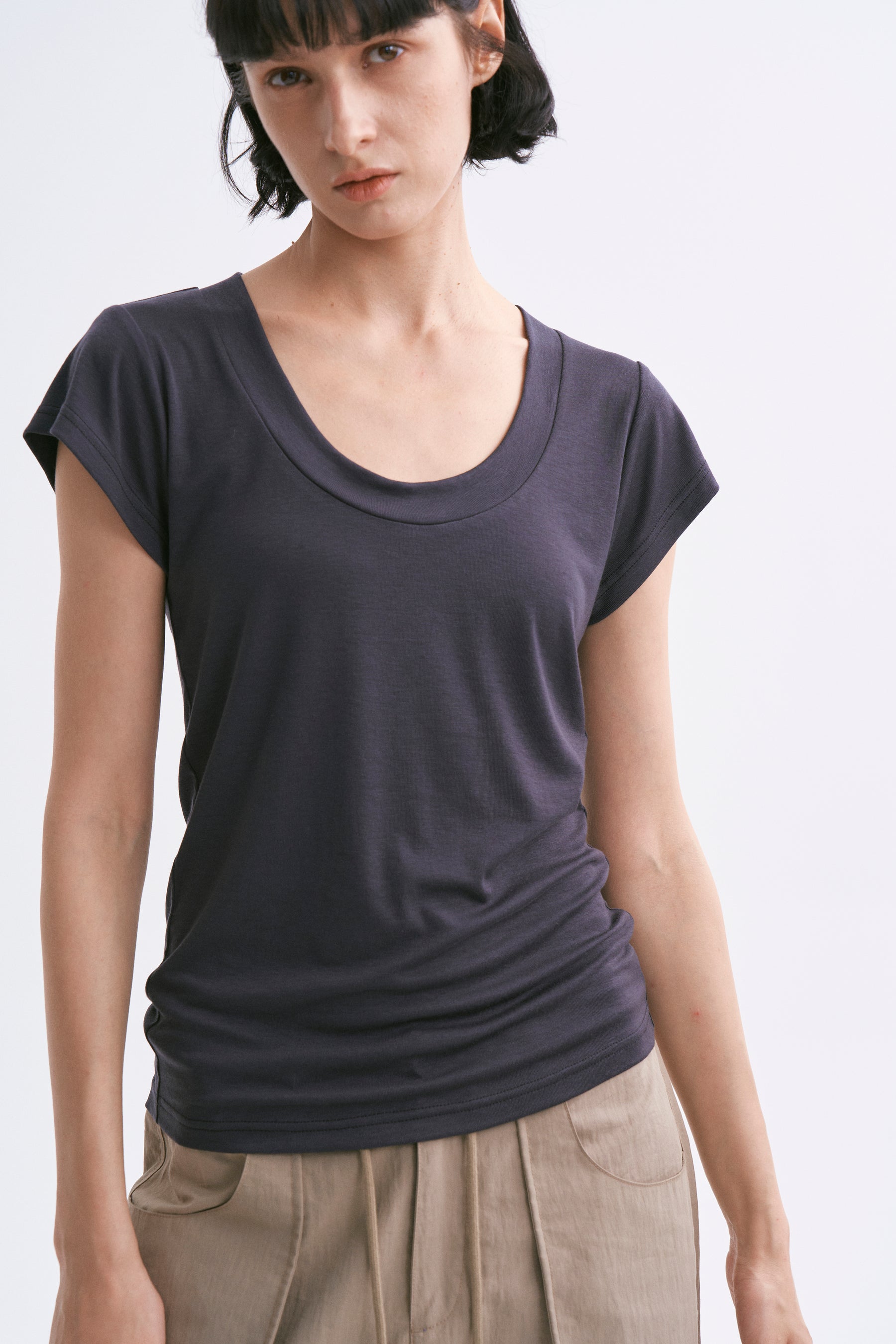 Deep U-Neck Loose Dolman Sleeve T-Shirt Dark Charcoal