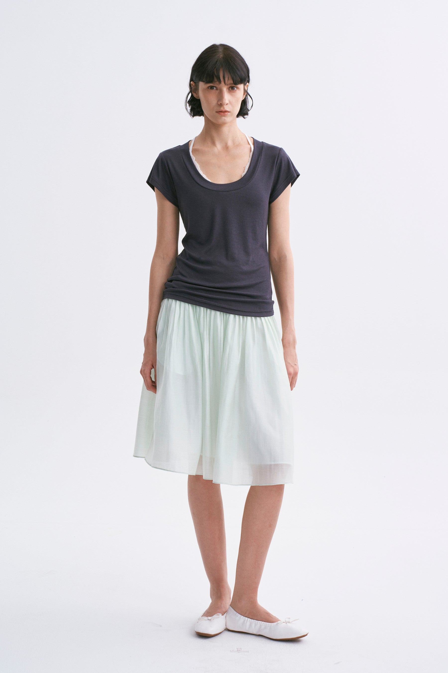Classic Intricate Mid-rise Sheer Chiffon Pleated A-line Skirt Light Green