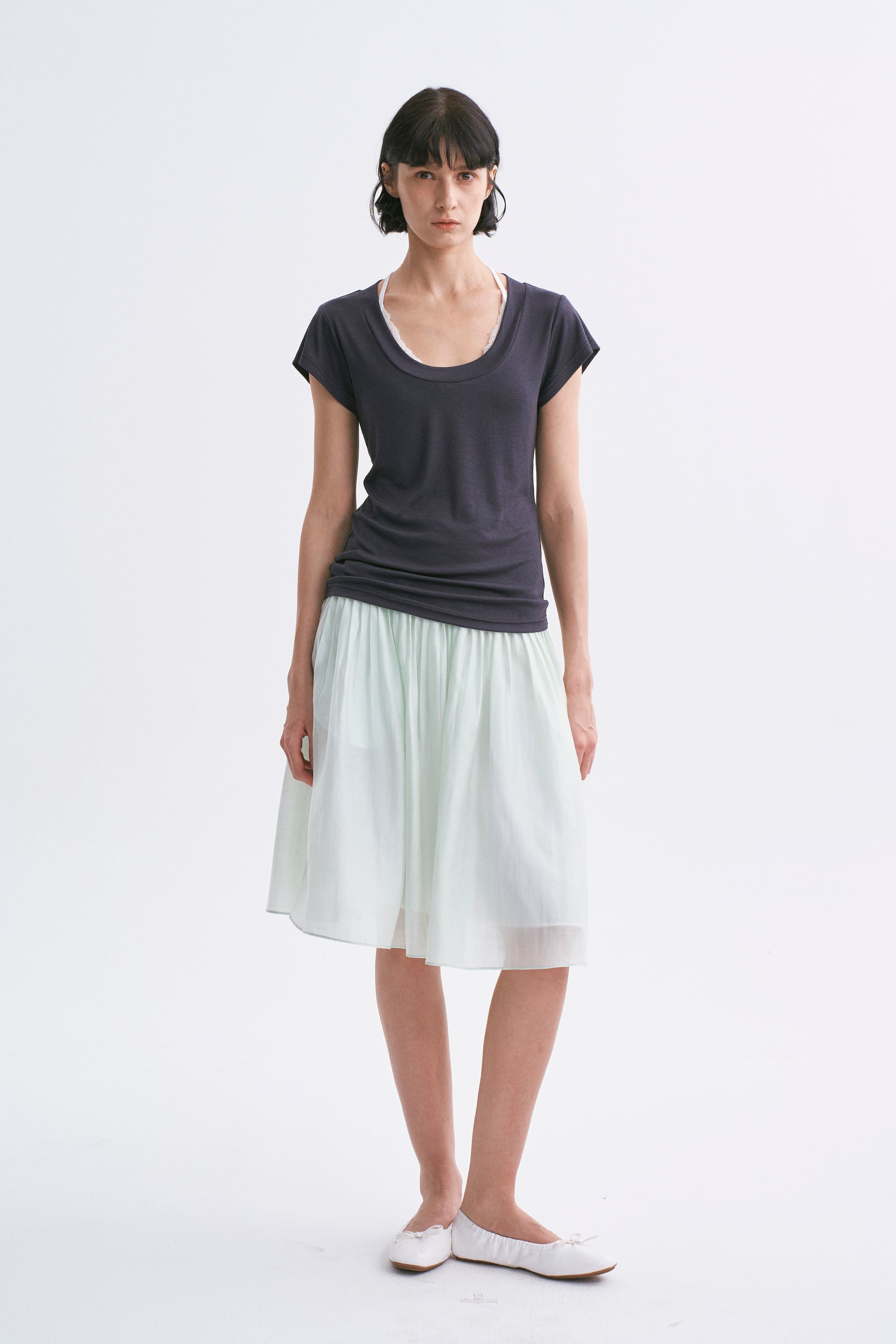 Deep U-Neck Loose Dolman Sleeve T-Shirt Dark Charcoal