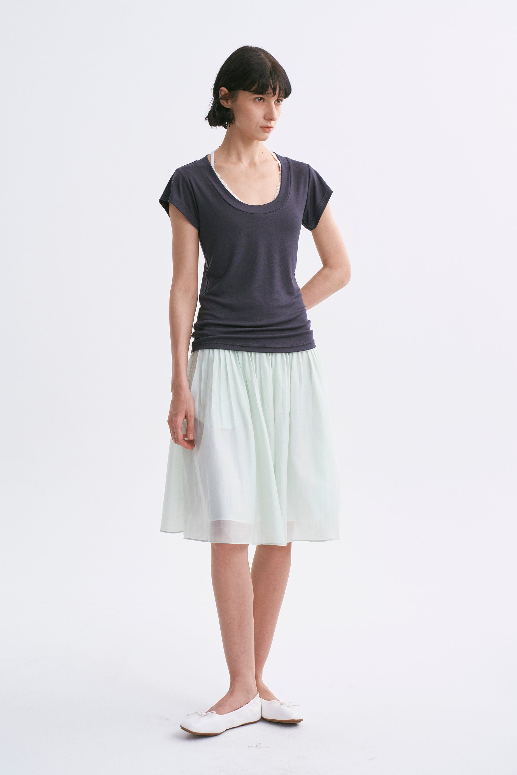 Deep U-Neck Loose Dolman Sleeve T-Shirt Dark Charcoal