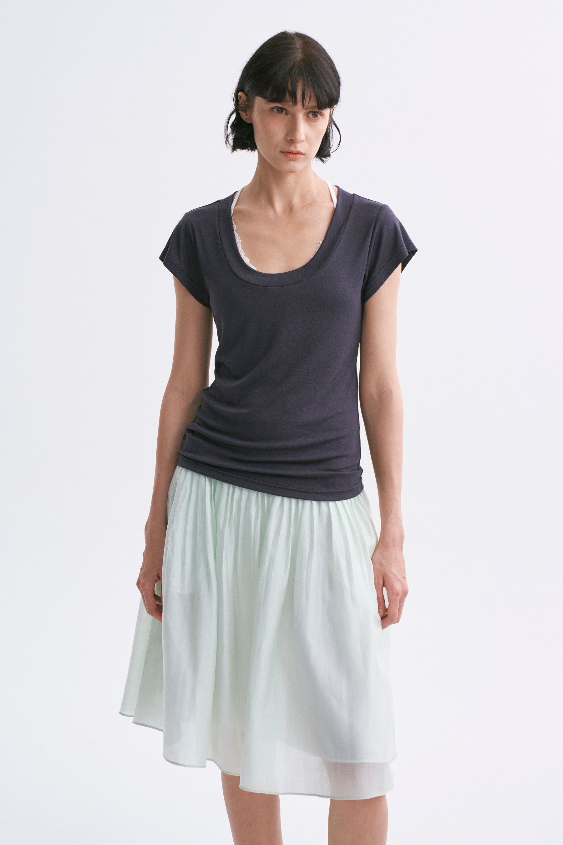 Classic Intricate Mid-rise Sheer Chiffon Pleated A-line Skirt Light Green