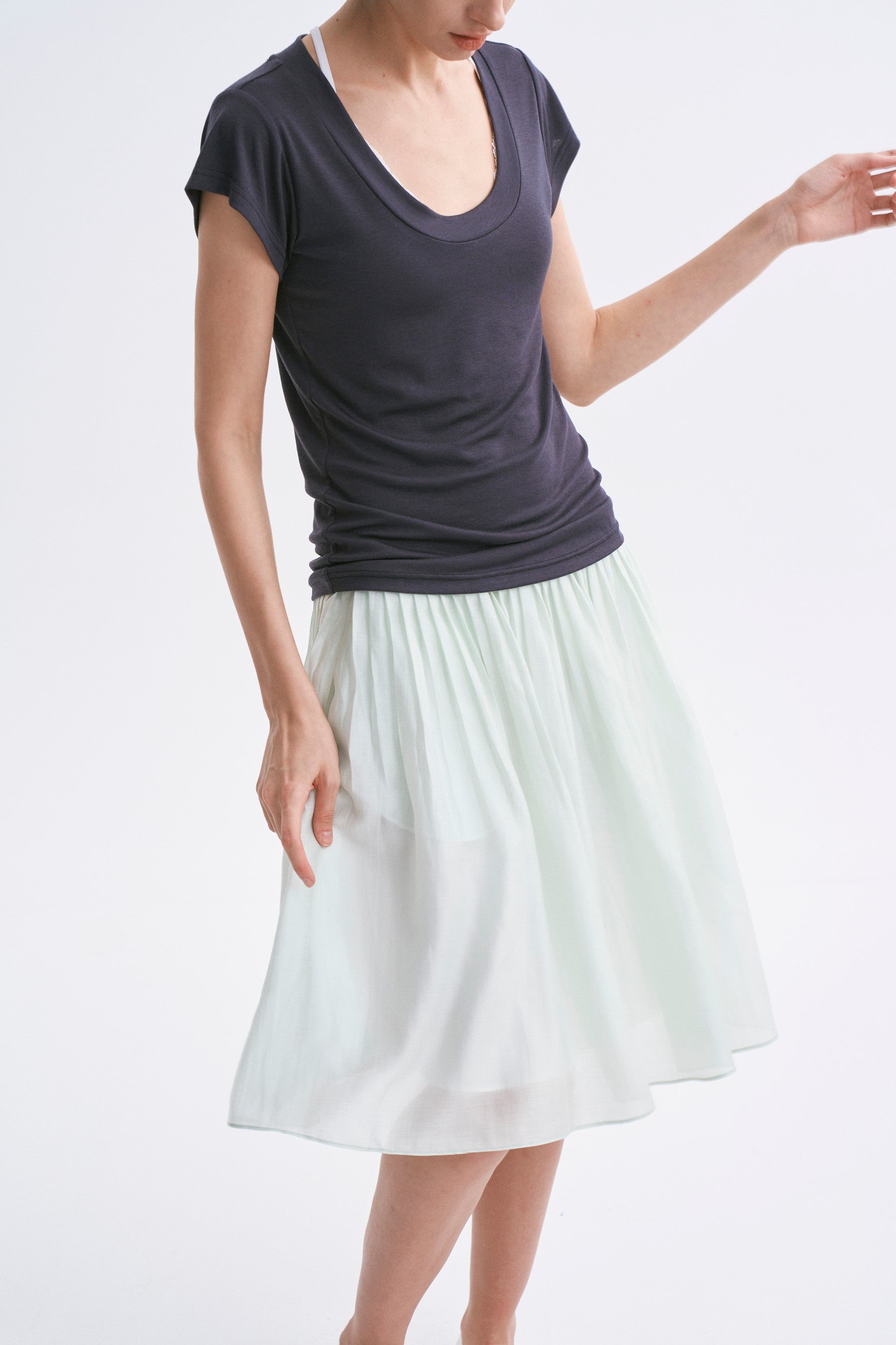 Classic Intricate Mid-rise Sheer Chiffon Pleated A-line Skirt Light Green