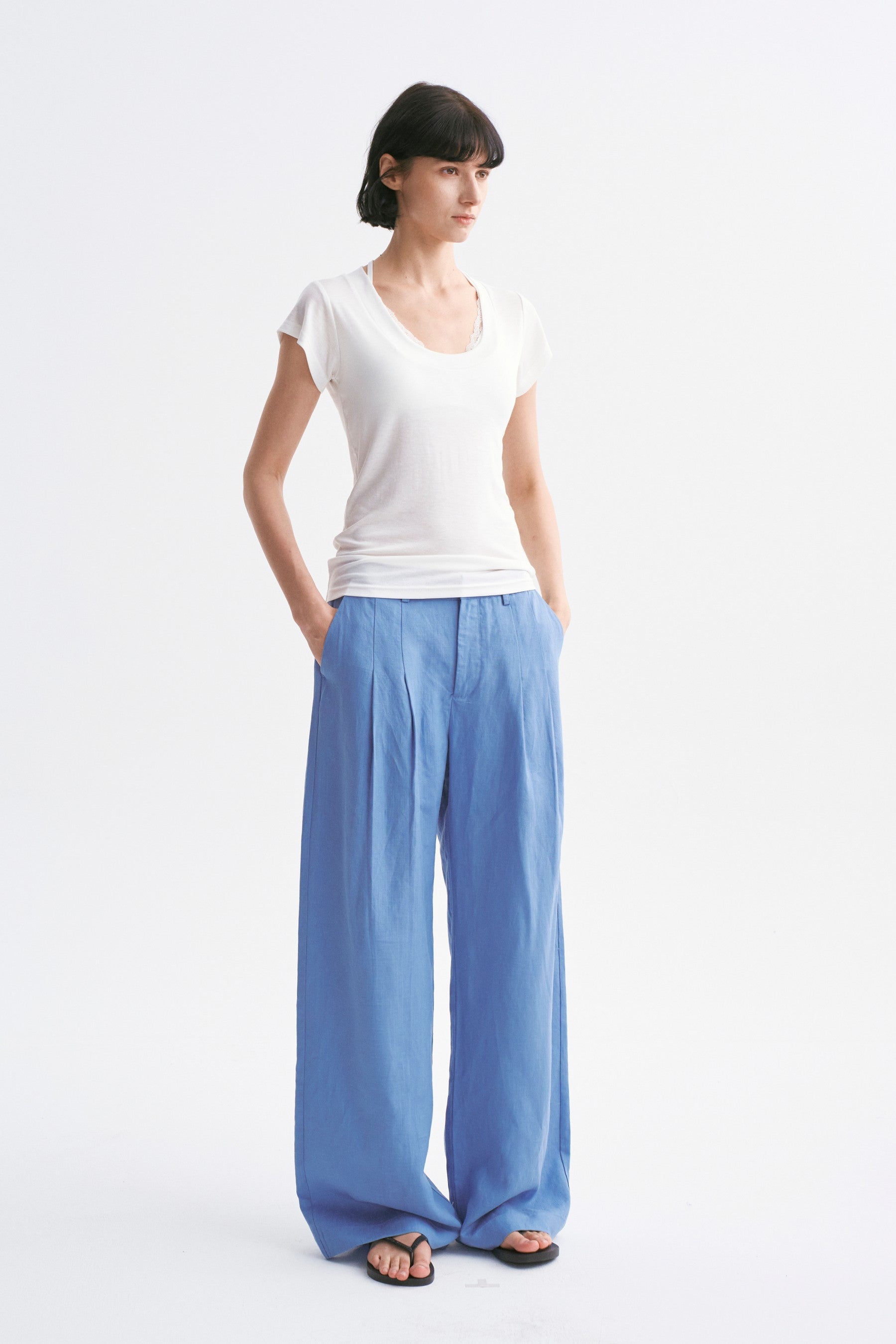 Mid-rise Linen Casual Pants Greyish Blue