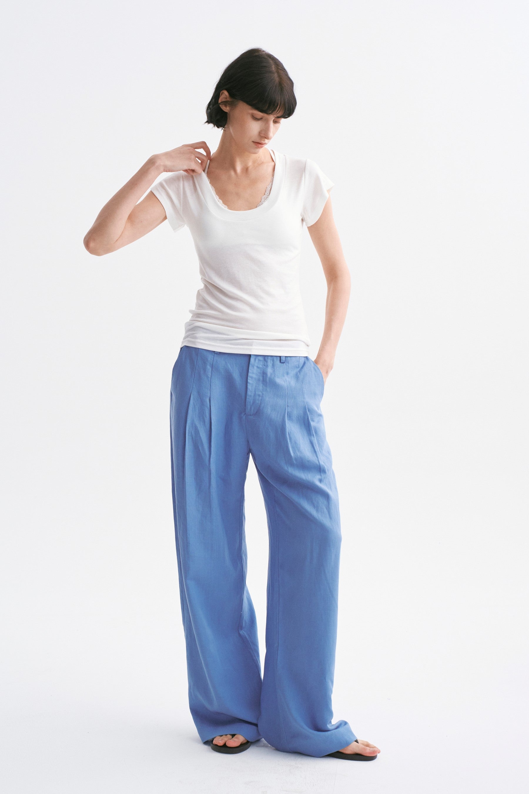 Mid-rise Linen Casual Pants Greyish Blue