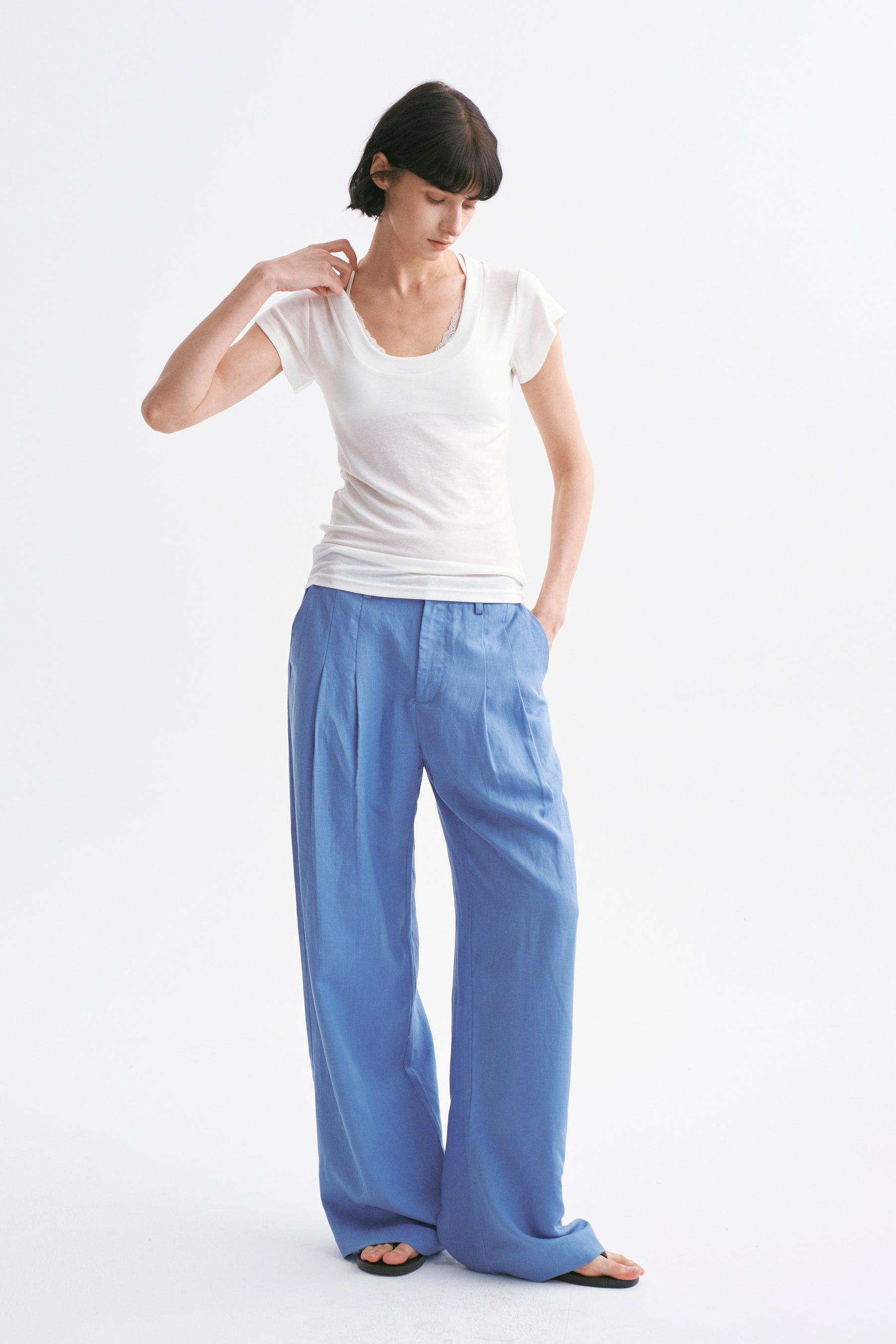 Deep U-Neck Loose Dolman Sleeve T-Shirt White