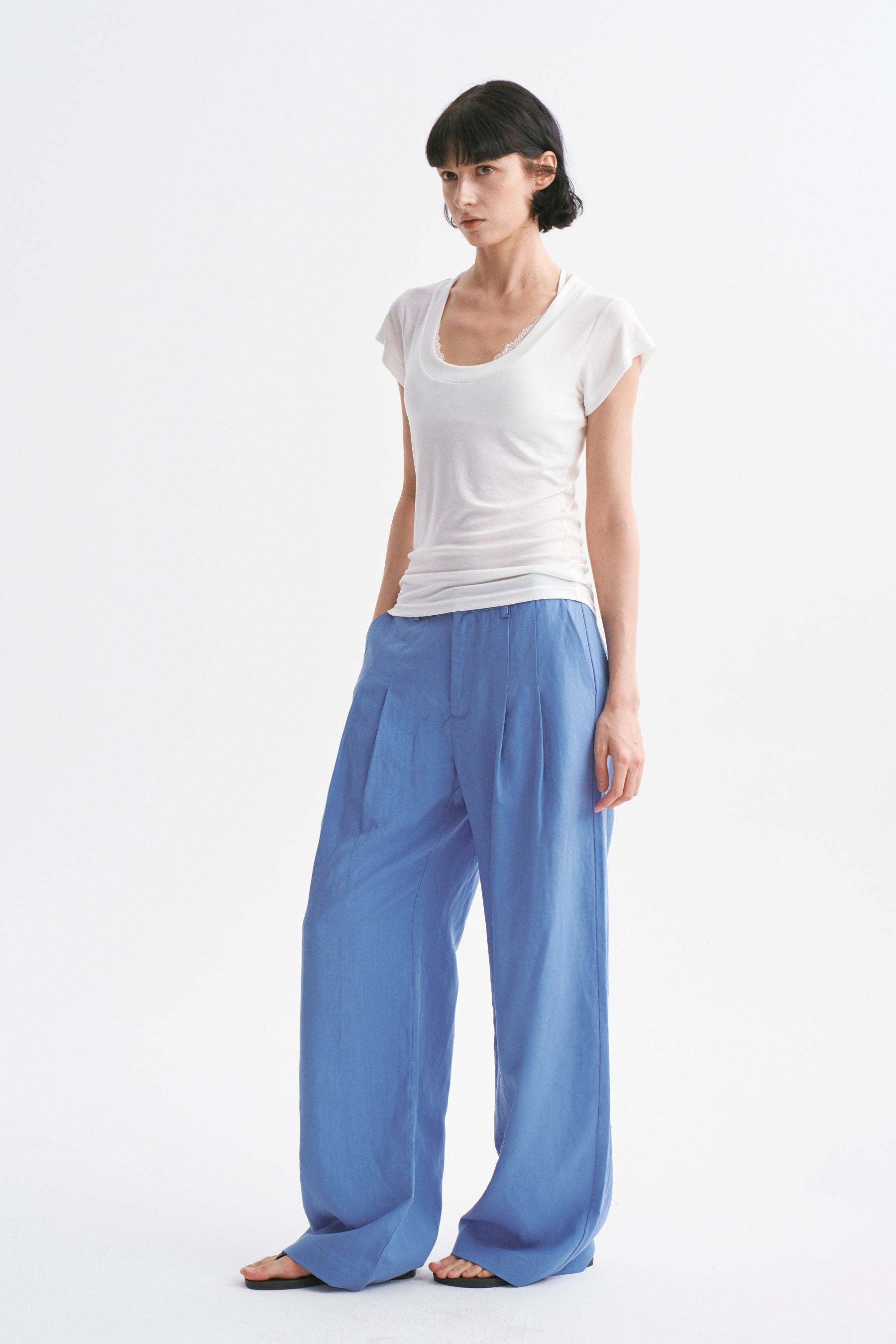 Mid-rise Linen Casual Pants Greyish Blue