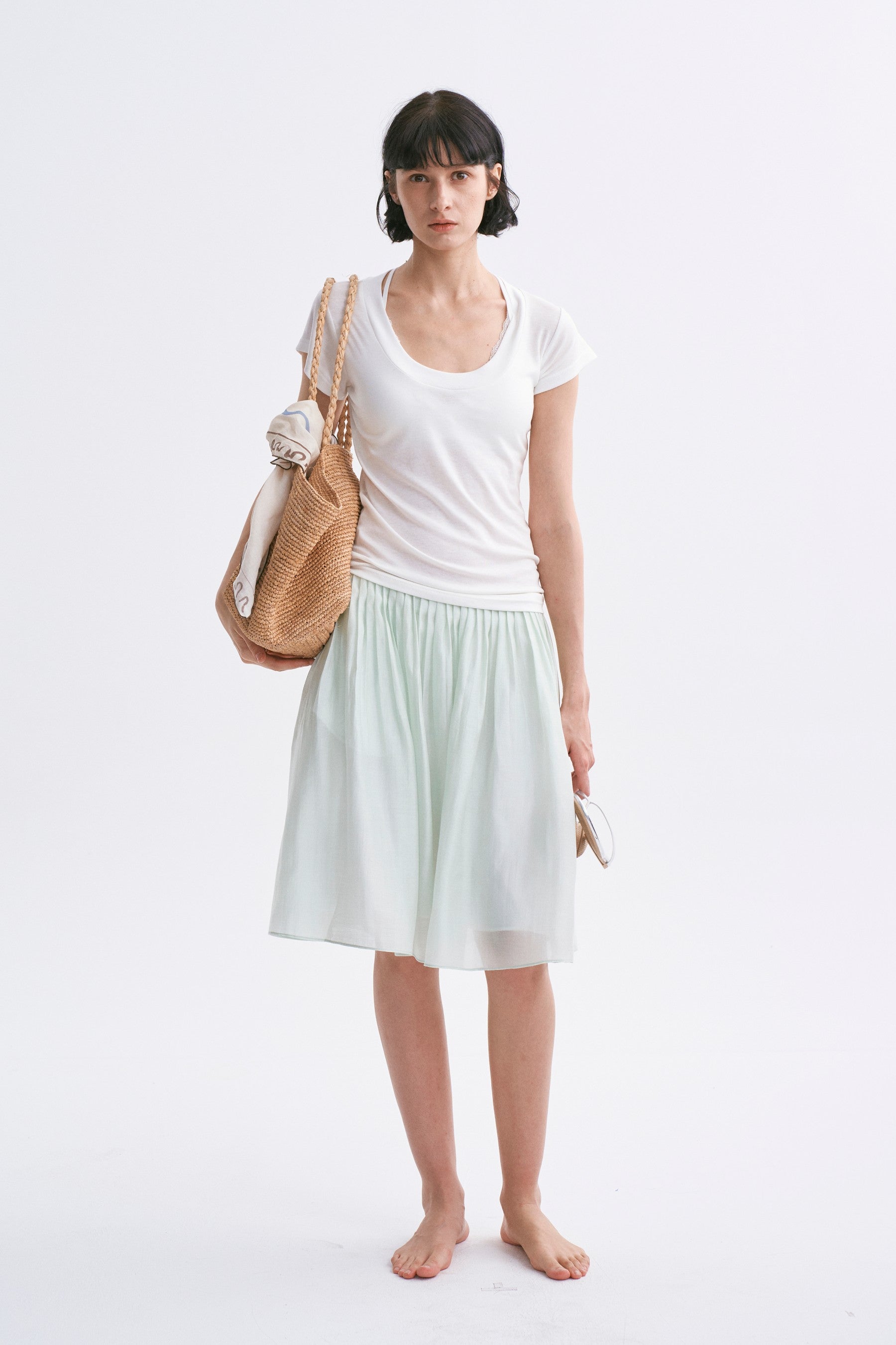 Classic Intricate Mid-rise Sheer Chiffon Pleated A-line Skirt Light Green
