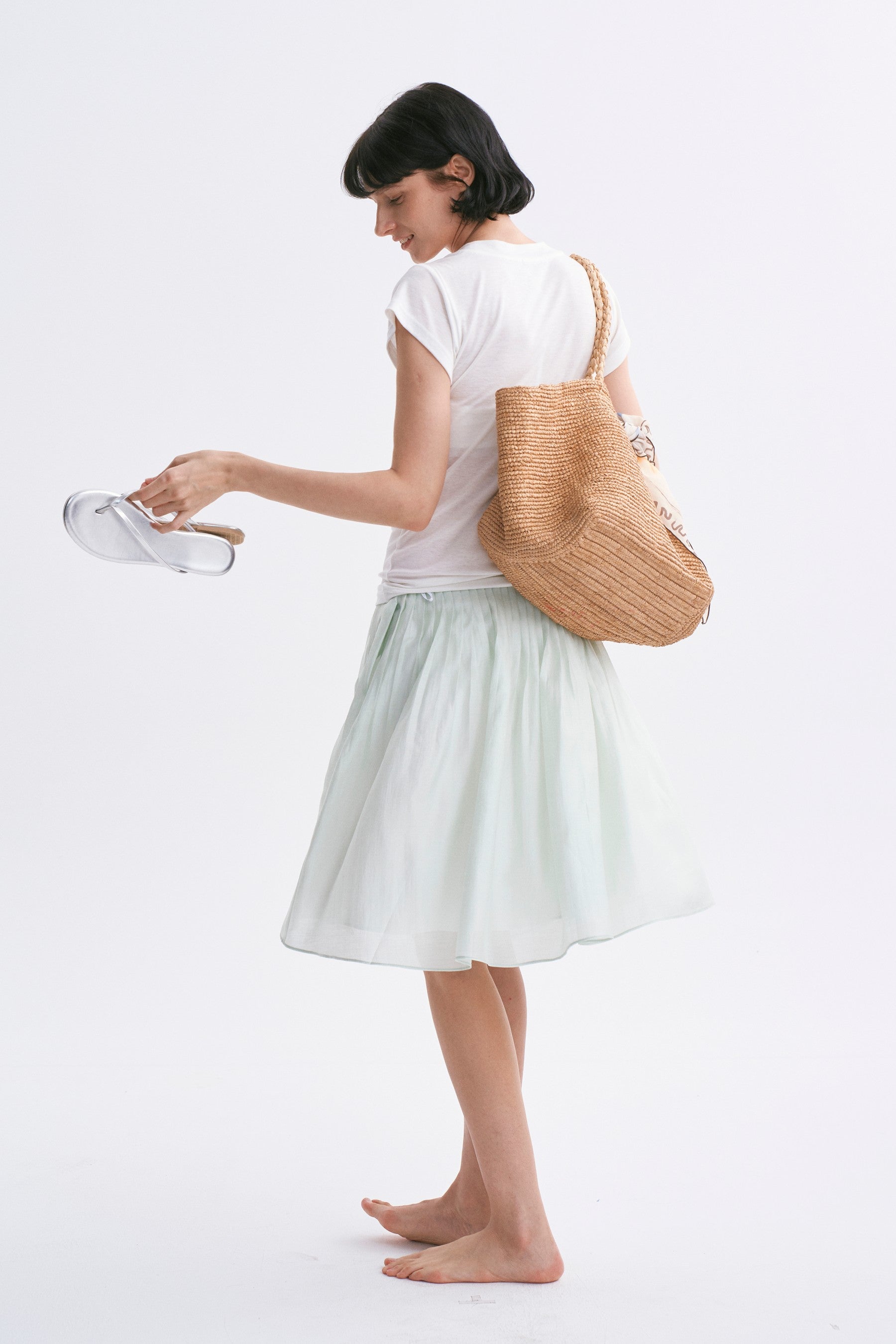 Classic Intricate Mid-rise Sheer Chiffon Pleated A-line Skirt Light Green