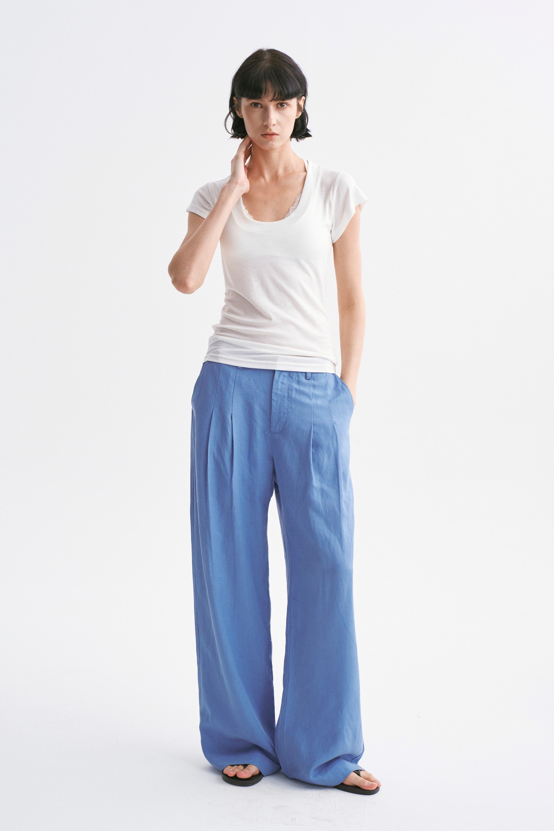 Mid-rise Linen Casual Pants Greyish Blue