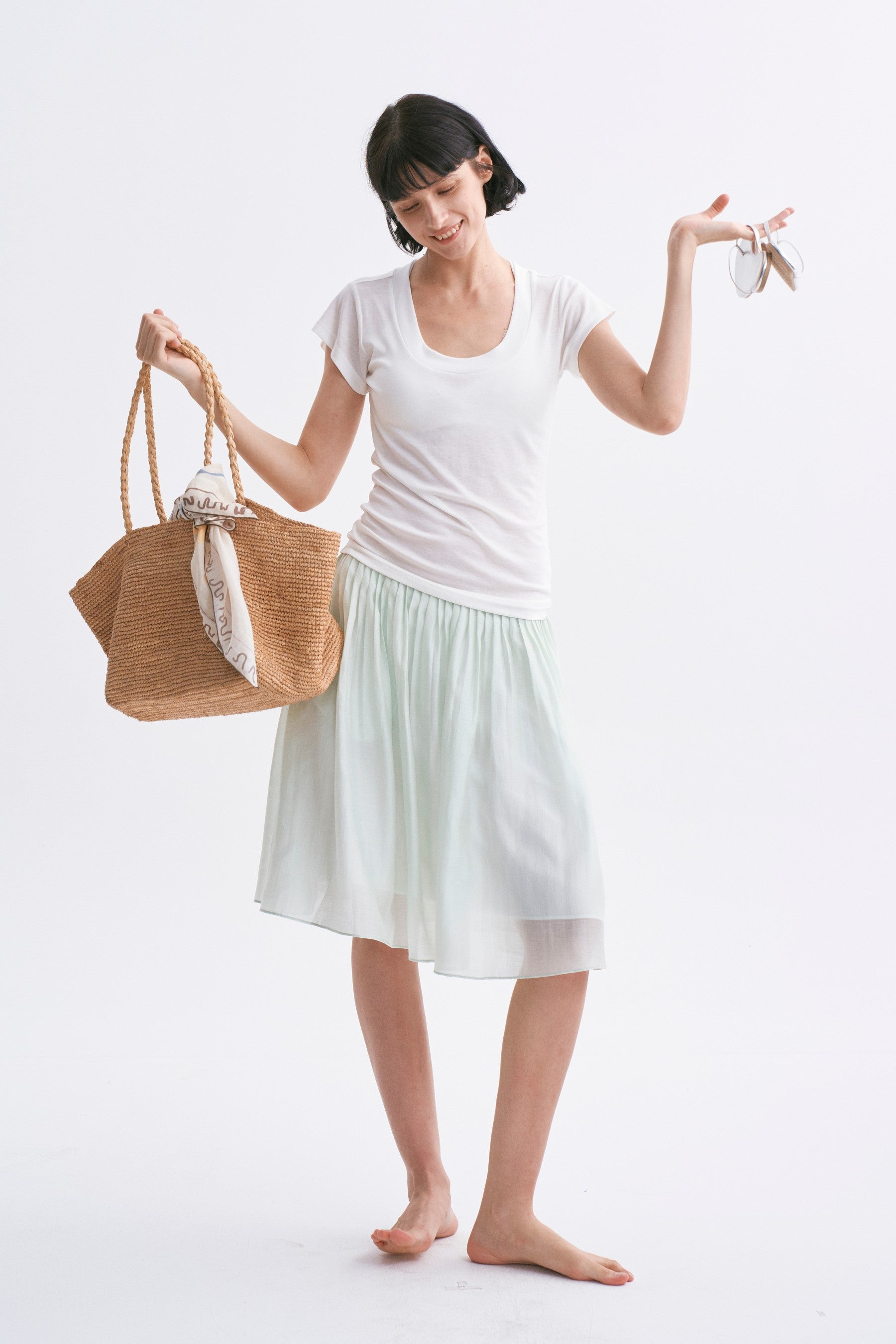 Classic Intricate Mid-rise Sheer Chiffon Pleated A-line Skirt Light Green