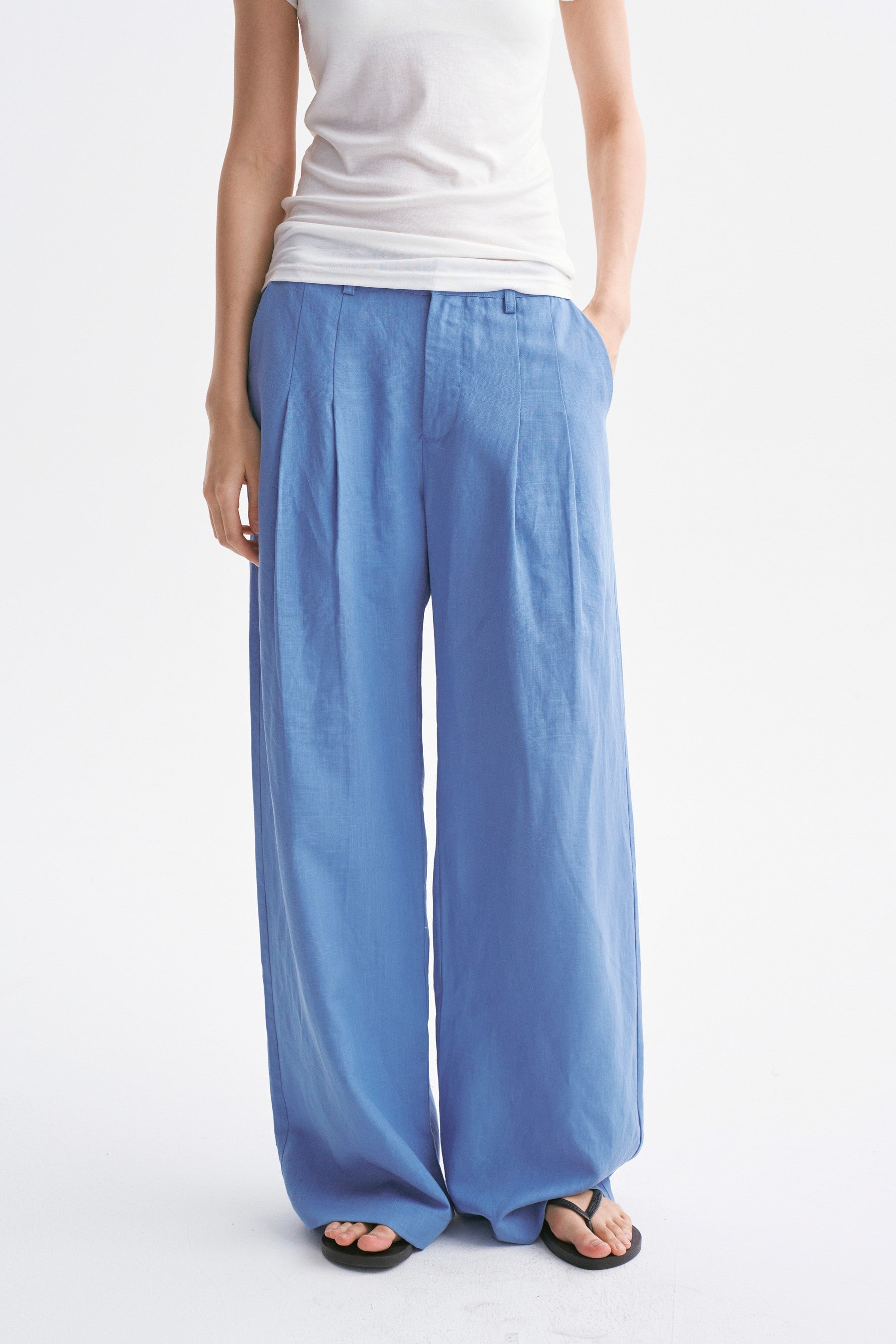 Mid-rise Linen Casual Pants Greyish Blue