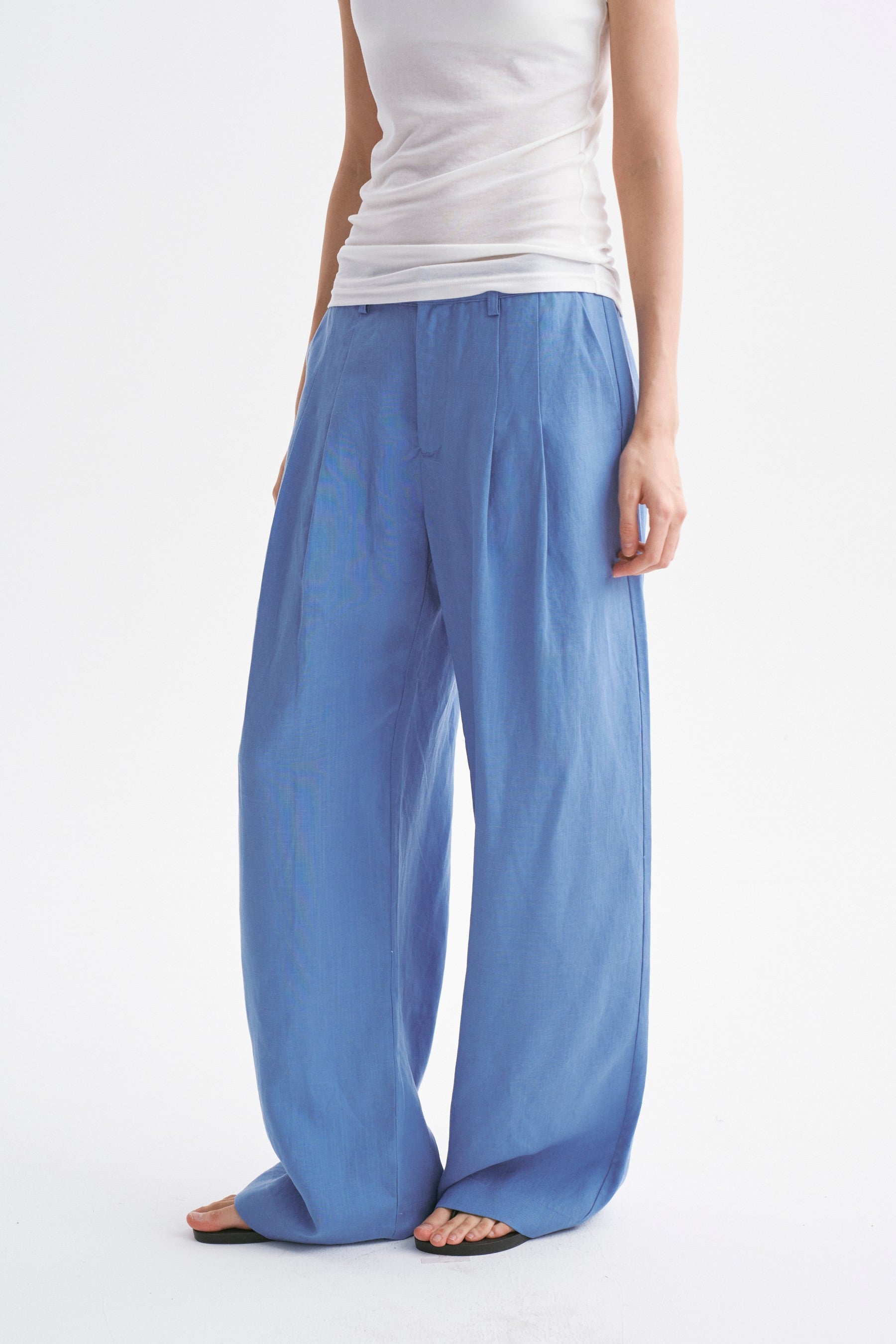 Mid-rise Linen Casual Pants Greyish Blue