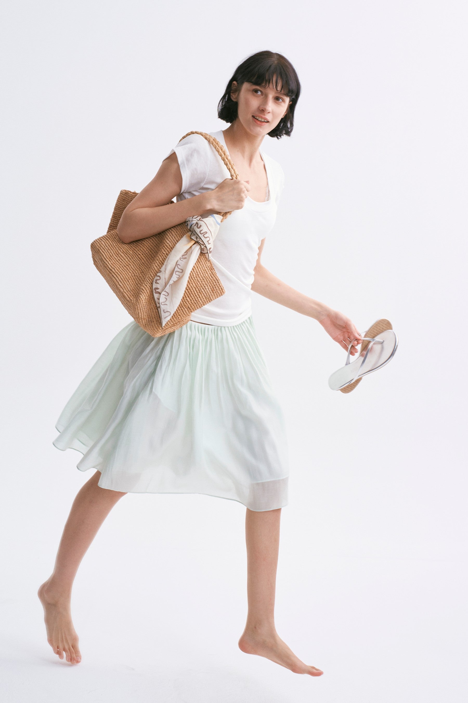 Classic Intricate Mid-rise Sheer Chiffon Pleated A-line Skirt Light Green