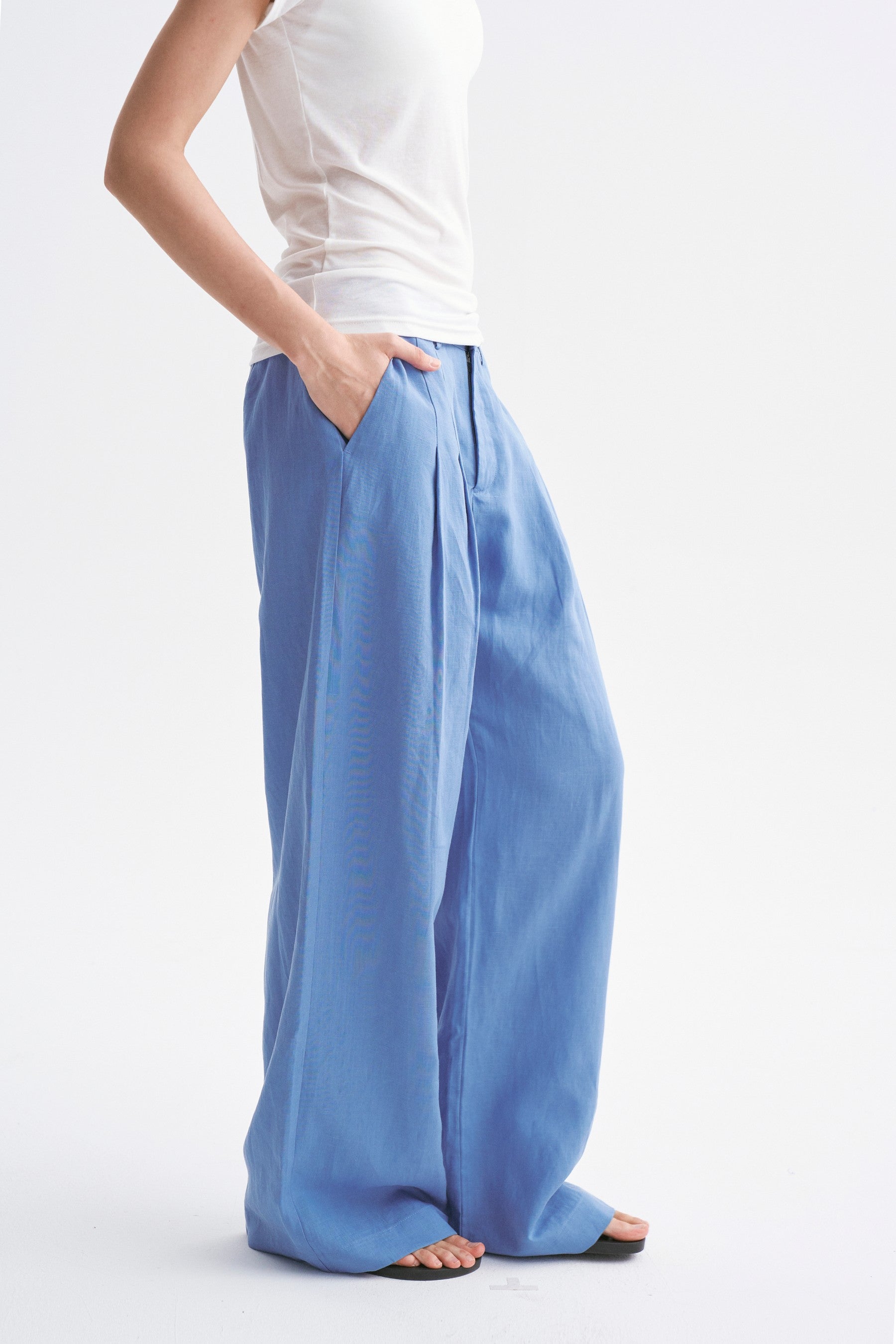 Mid-rise Linen Casual Pants Greyish Blue