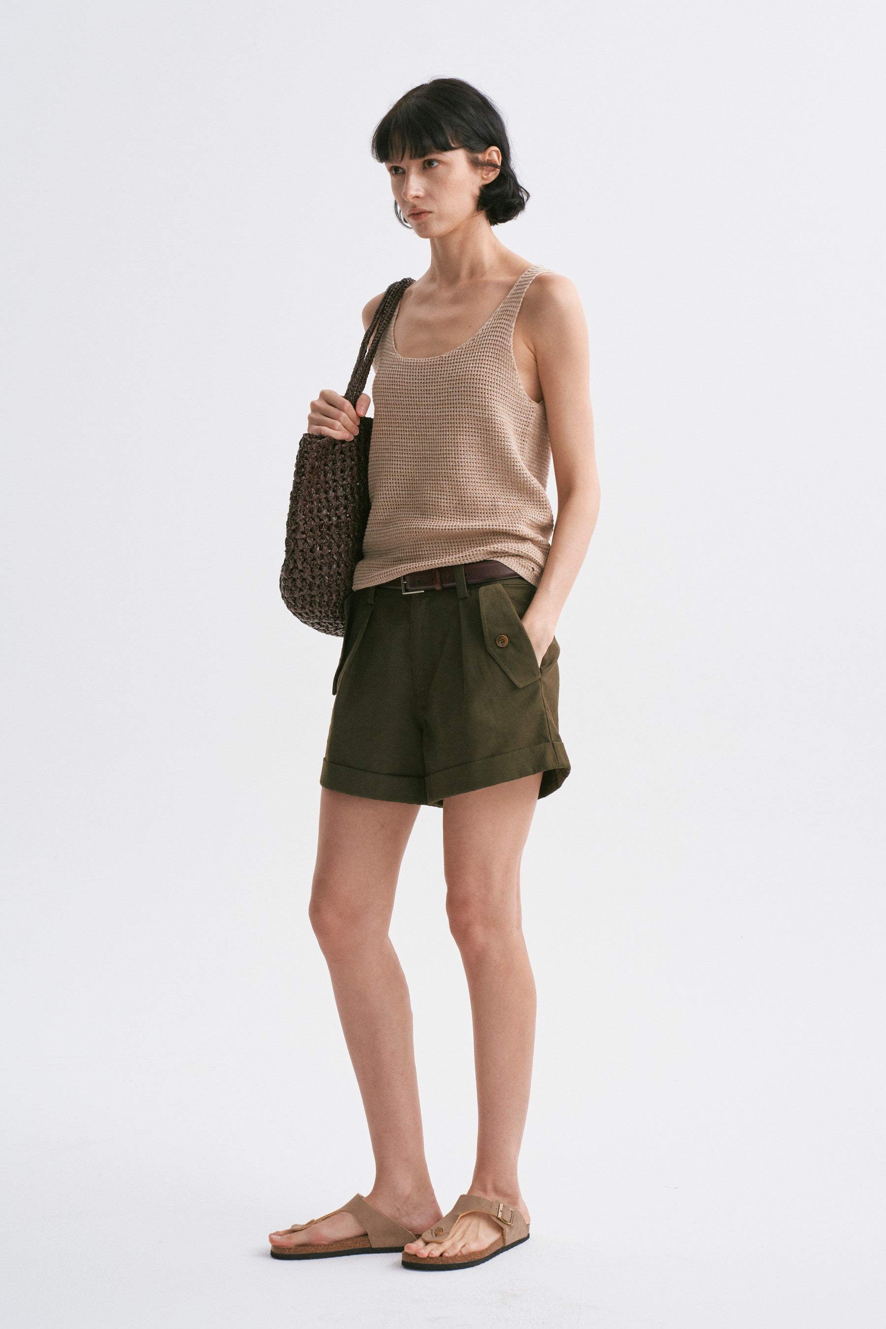 Mixed-yarn Chunky Texture Knit Vest Khaki
