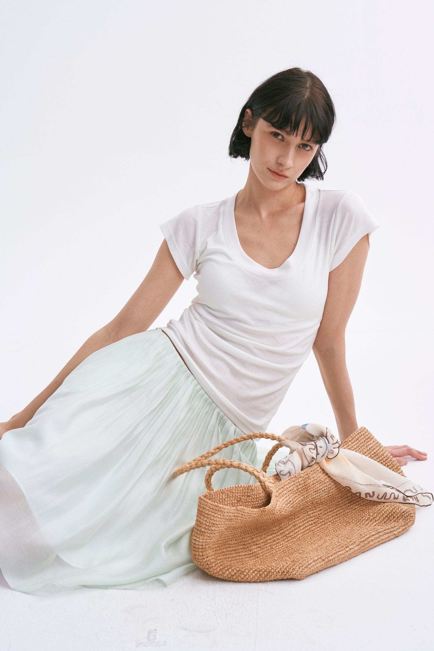 Deep U-Neck Loose Dolman Sleeve T-Shirt White