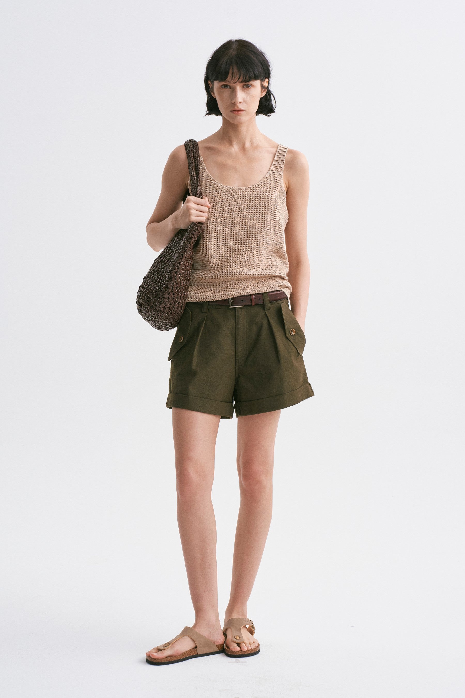 Mixed-yarn Chunky Texture Knit Vest Khaki