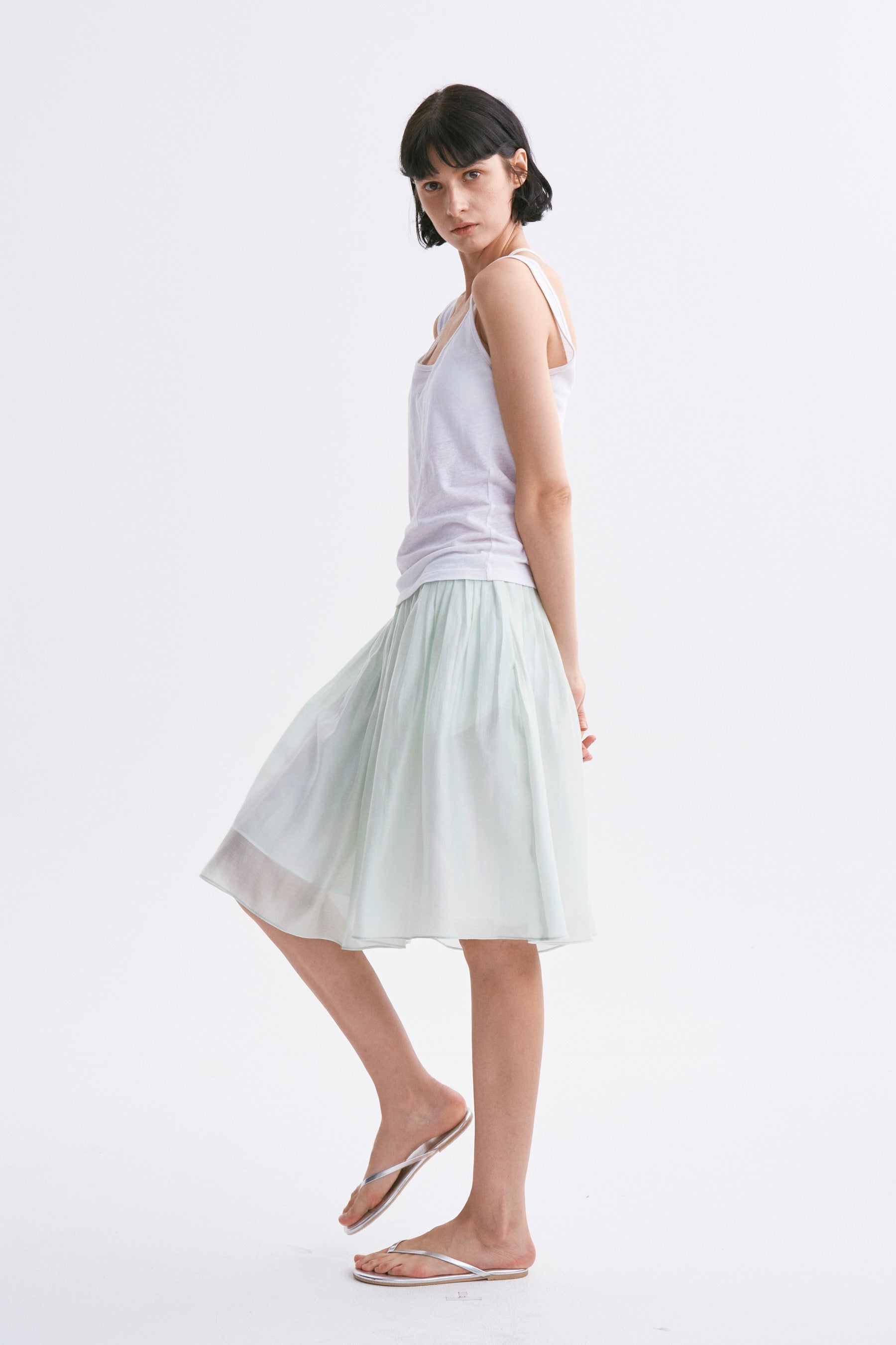 Classic Intricate Mid-rise Sheer Chiffon Pleated A-line Skirt Light Green