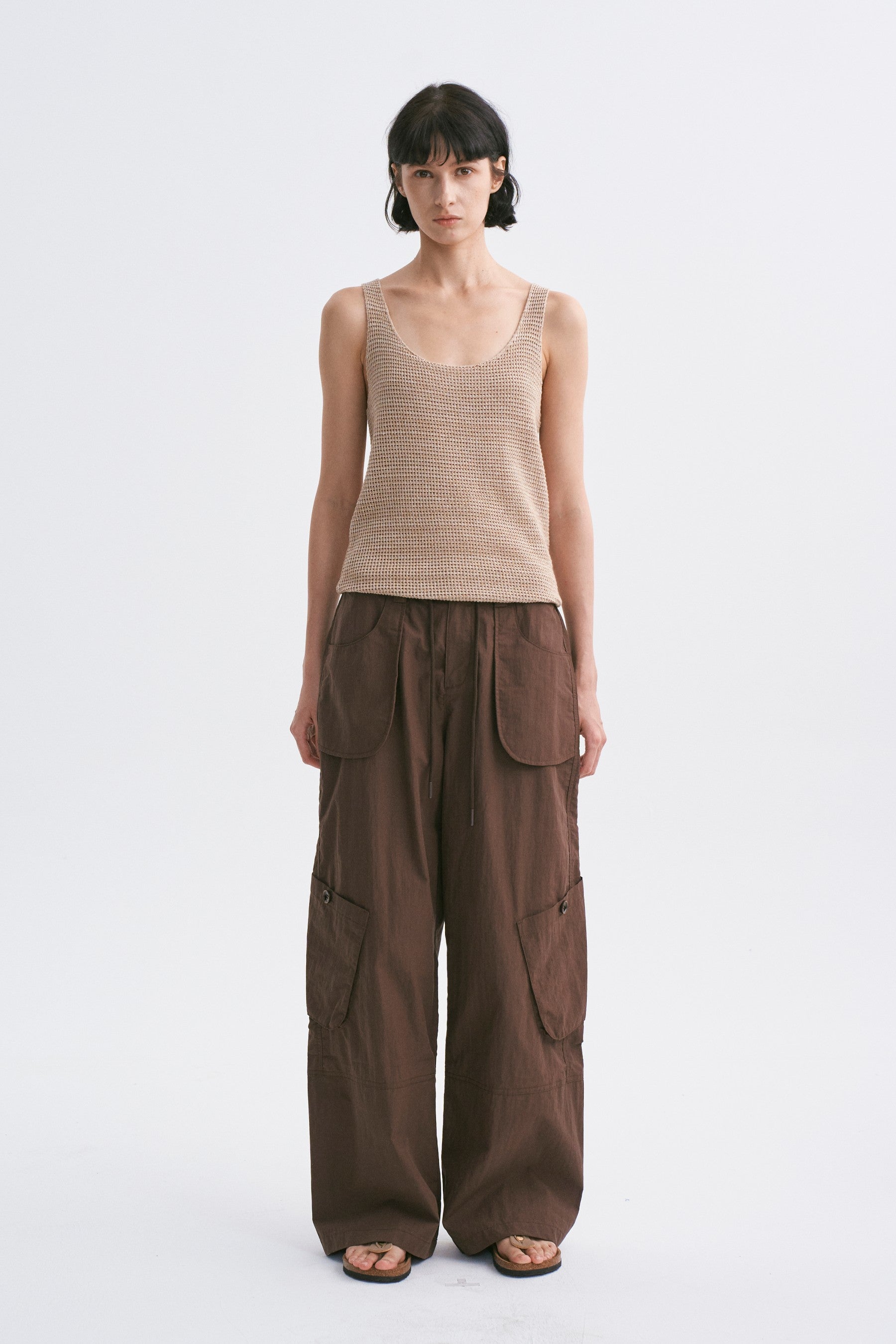 Mid-Rise Drawstring Cargo Pants with Pockets Dark Brown