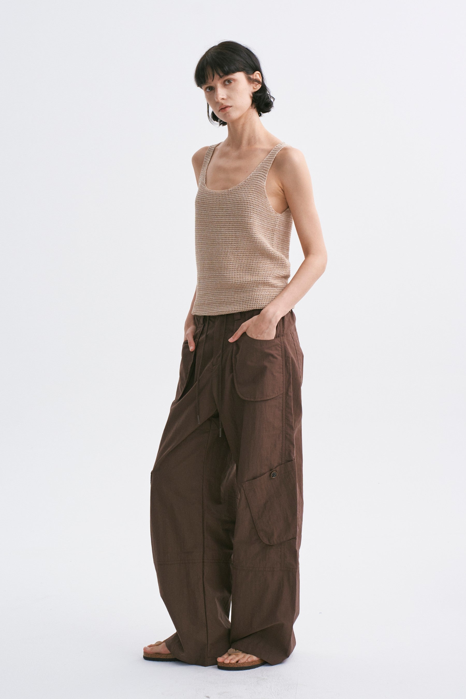 Mid-Rise Drawstring Cargo Pants with Pockets Dark Brown