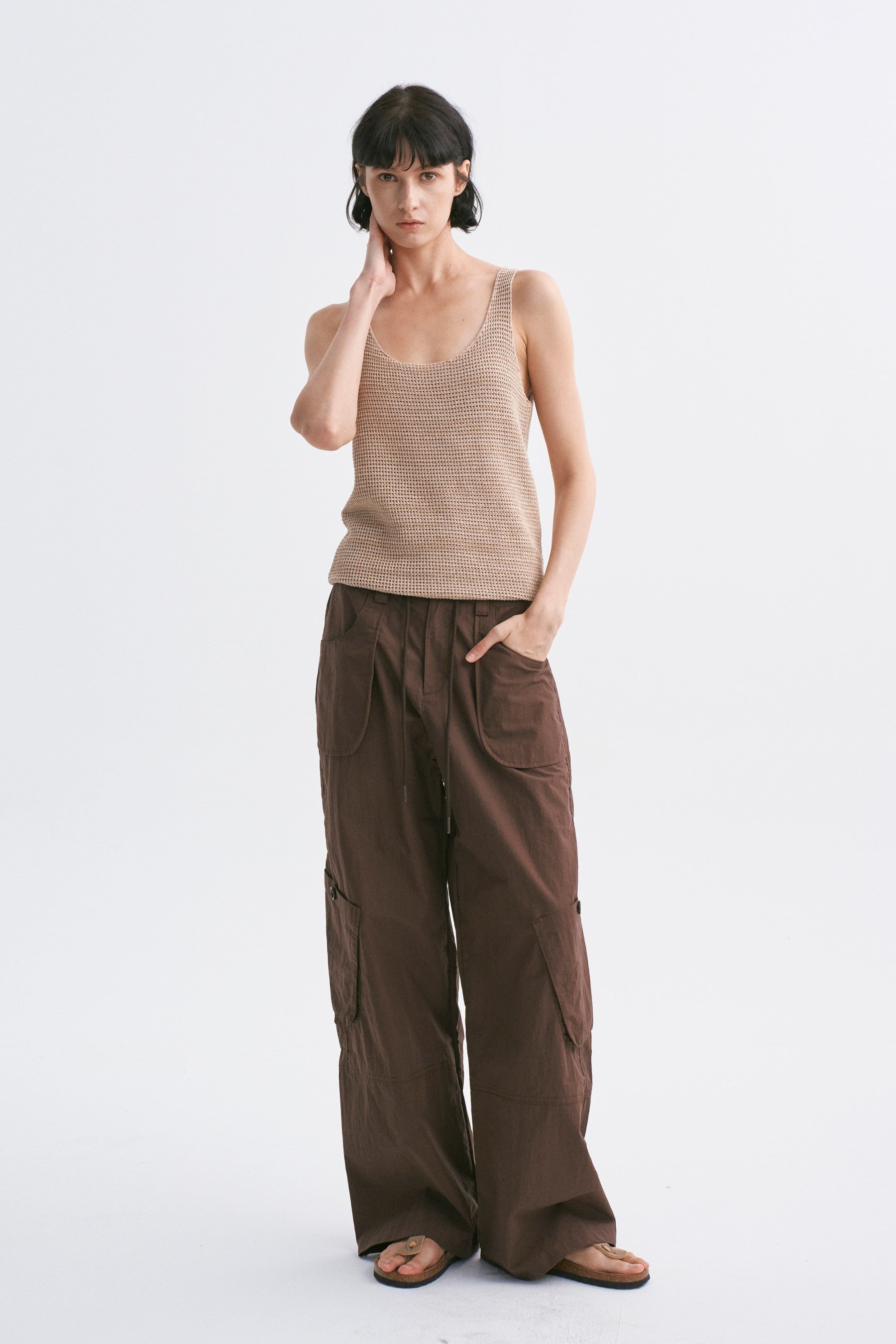 Mid-Rise Drawstring Cargo Pants with Pockets Dark Brown