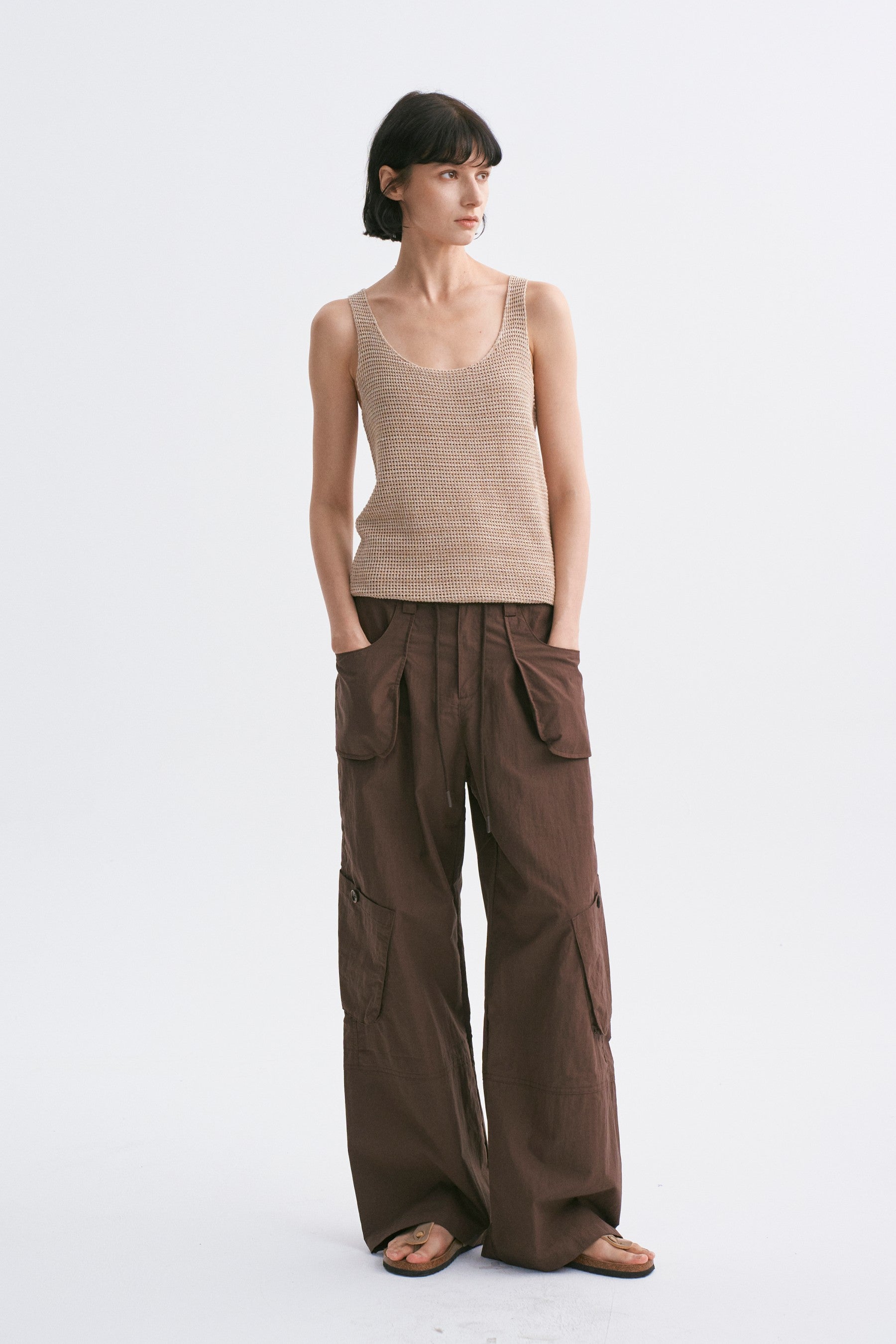 Mid-Rise Drawstring Cargo Pants with Pockets Dark Brown