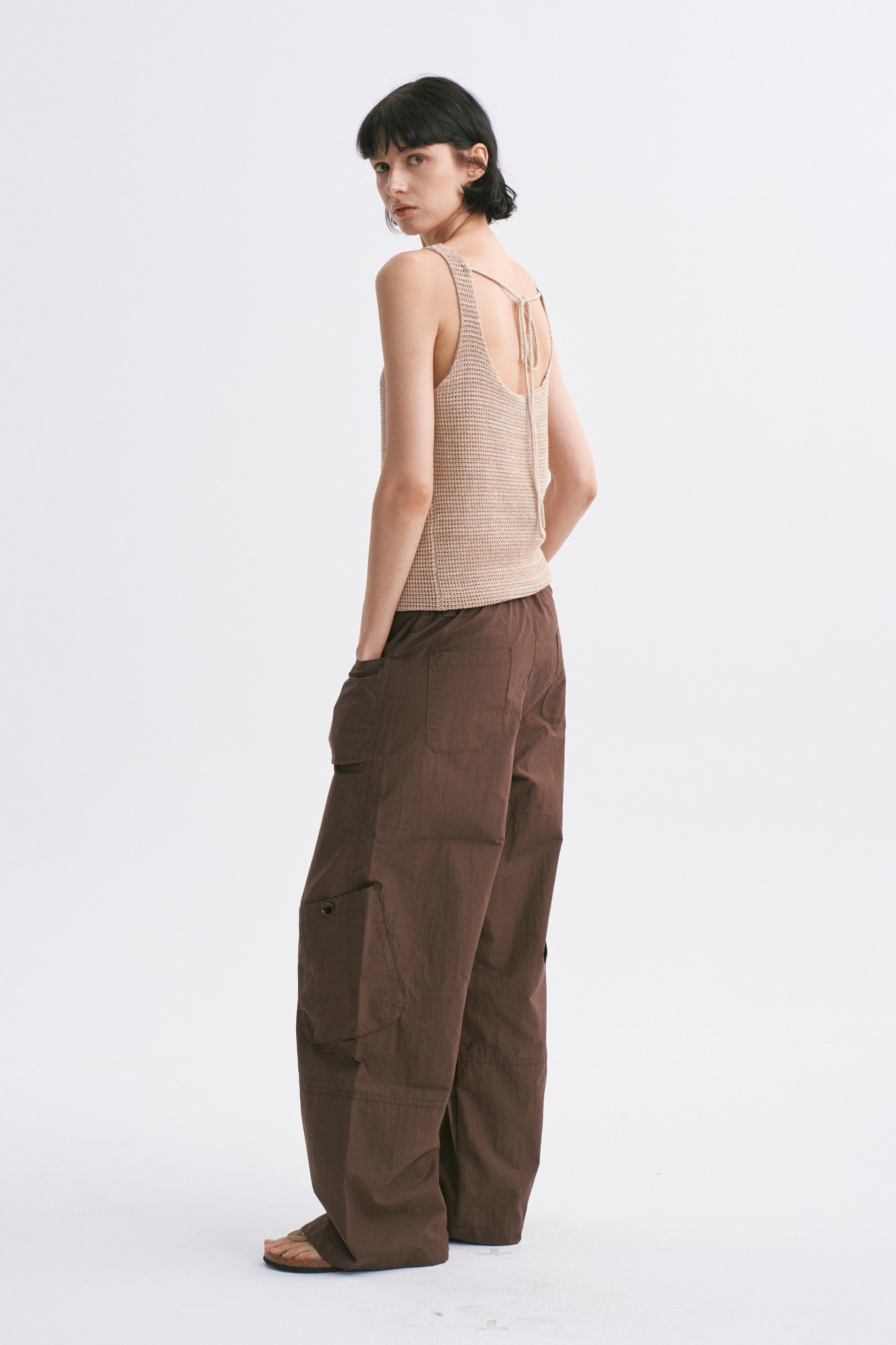 Mid-Rise Drawstring Cargo Pants with Pockets Dark Brown
