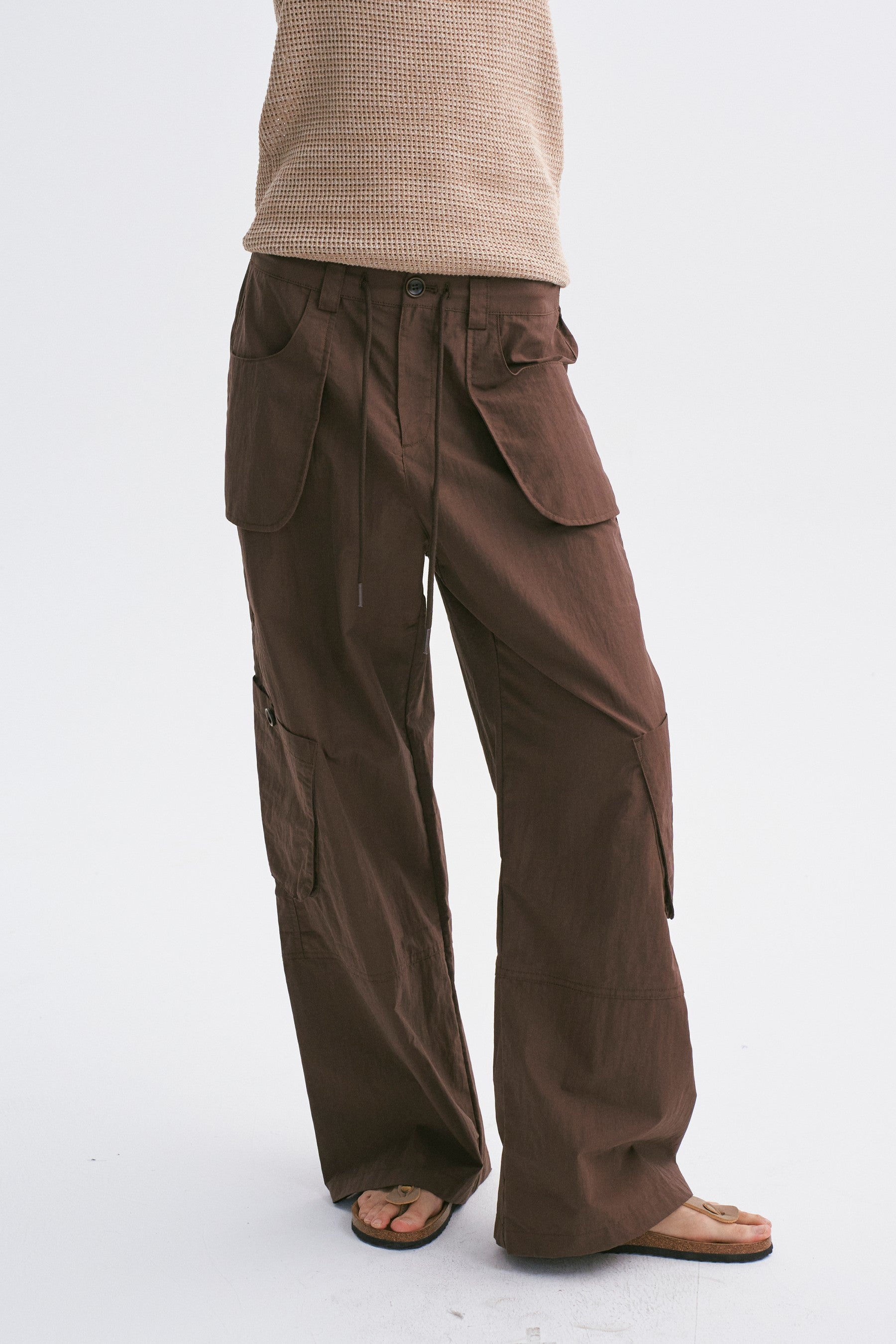 Mid-Rise Drawstring Cargo Pants with Pockets Dark Brown