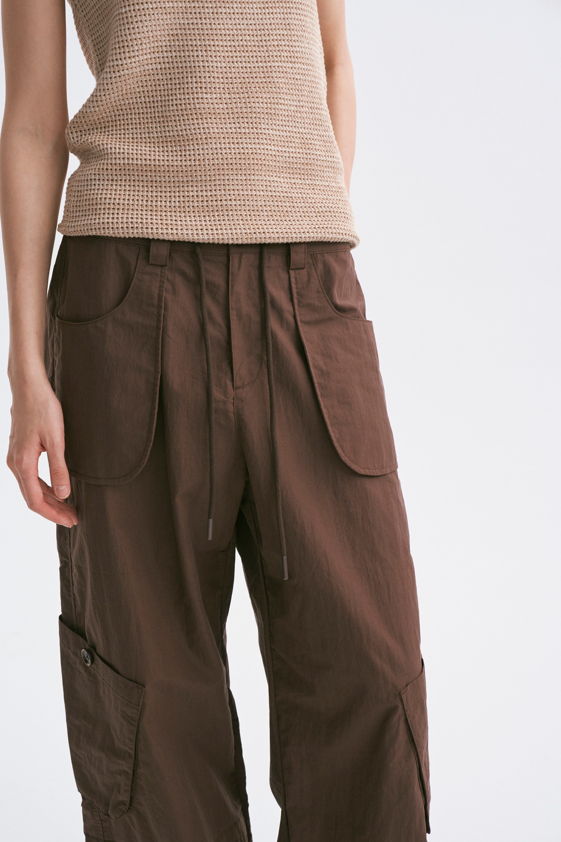 Mid-Rise Drawstring Cargo Pants with Pockets Dark Brown