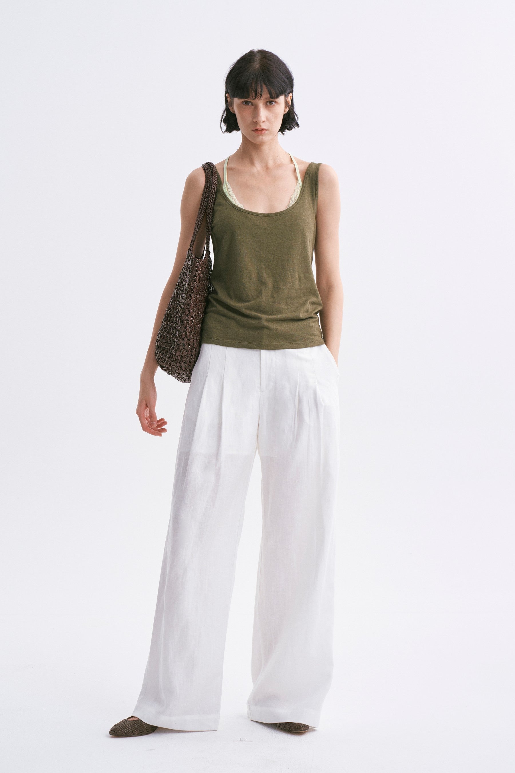 Mid-rise Linen Casual Pants White