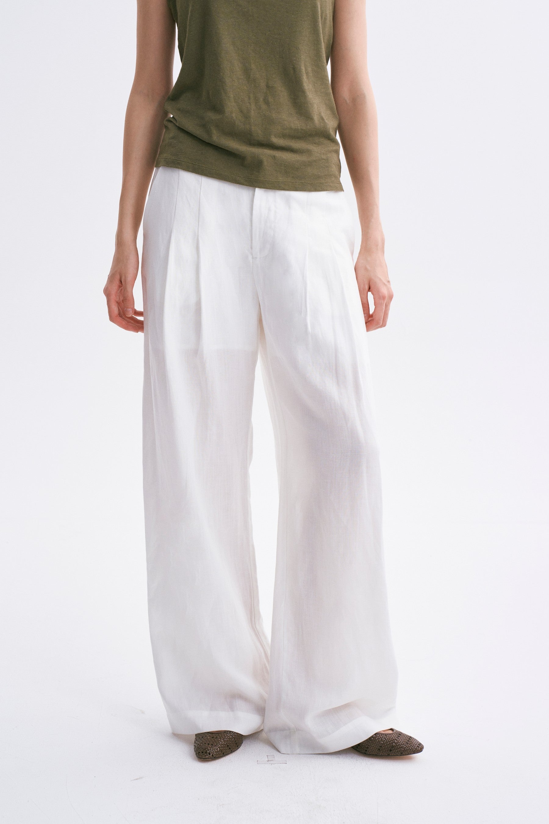 Mid-rise Linen Casual Pants White
