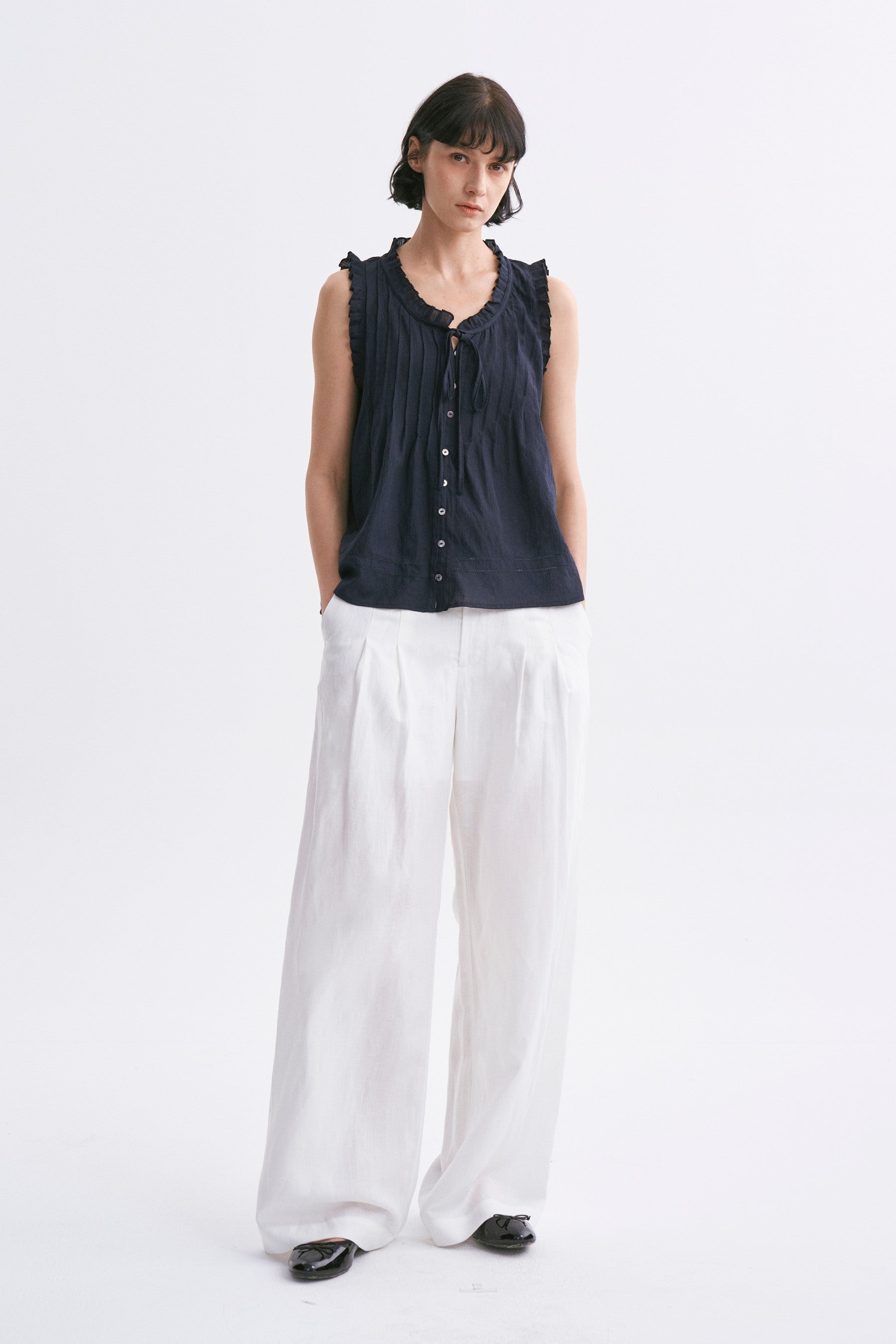 Mid-rise Linen Casual Pants White