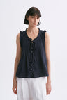 Lace-Trimmed Fine-Pleated Tie-Front Sleeveless Blouse Navy Blue